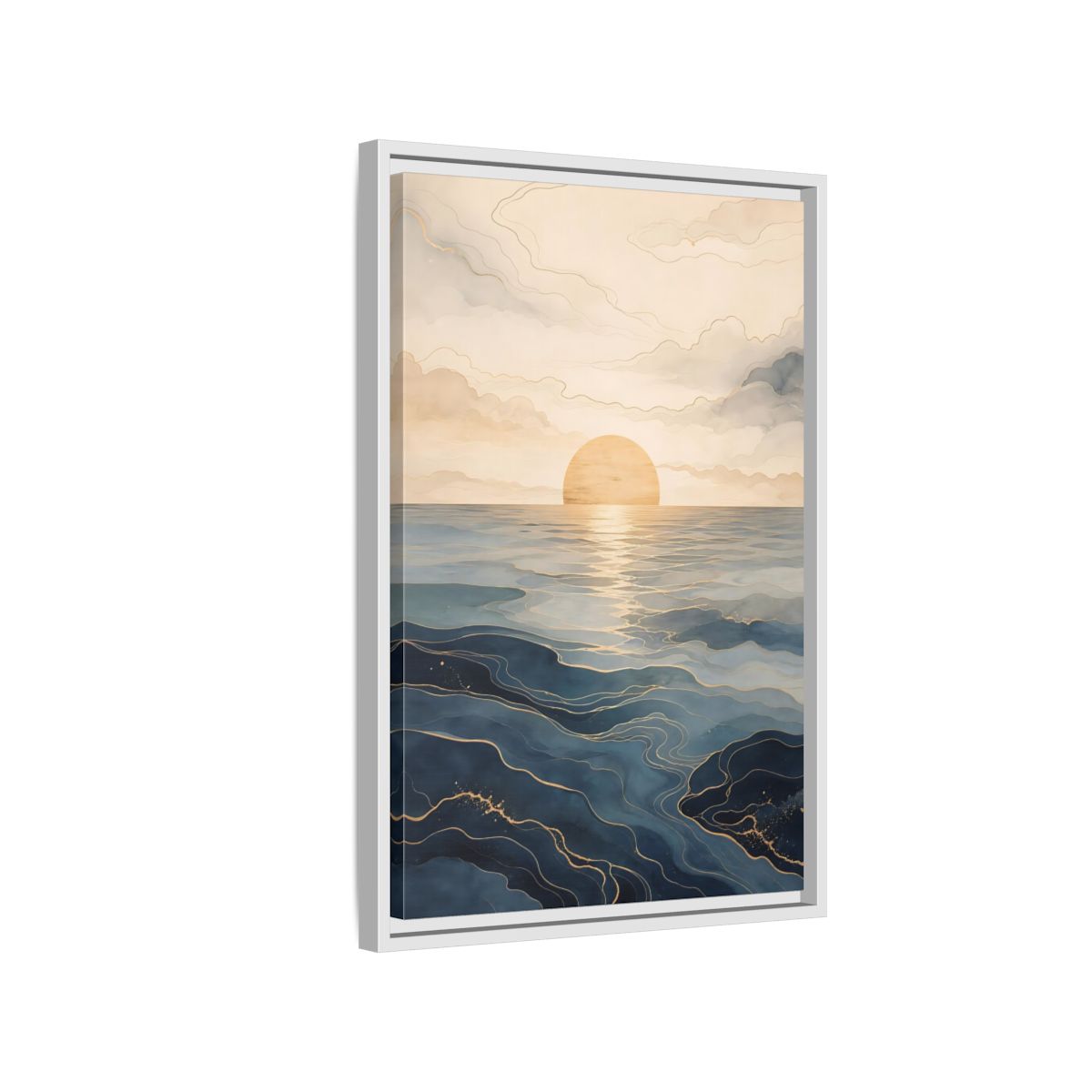 Side Mockup 1. Nature Ocean Sunset Blue And Gold shown as stretched canvas wall art