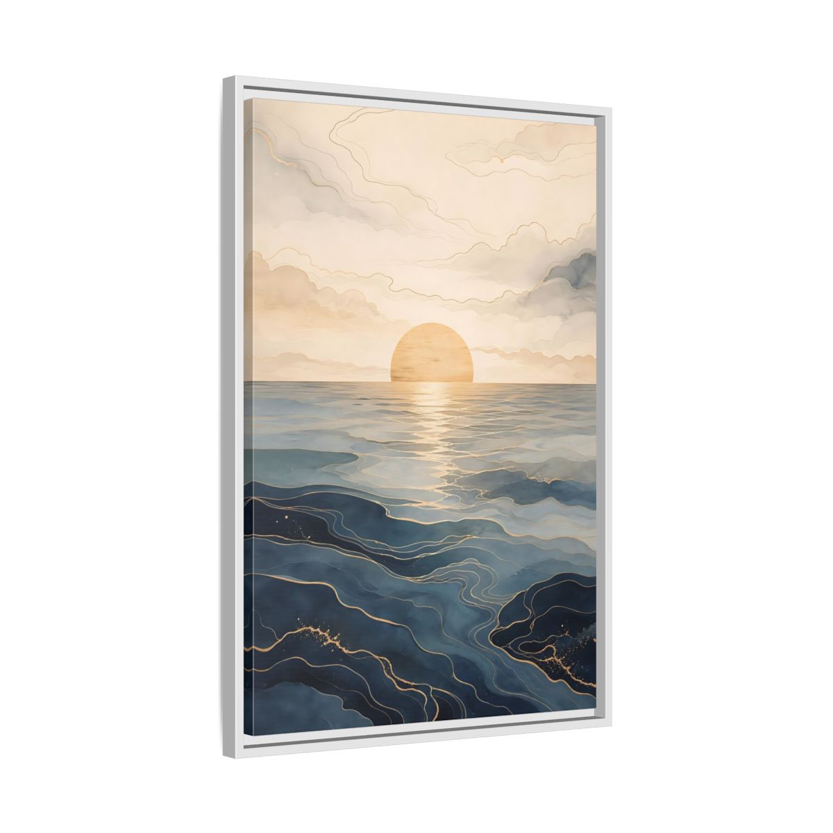 Side Mockup 10. Nature Ocean Sunset Blue And Gold shown as stretched canvas wall art