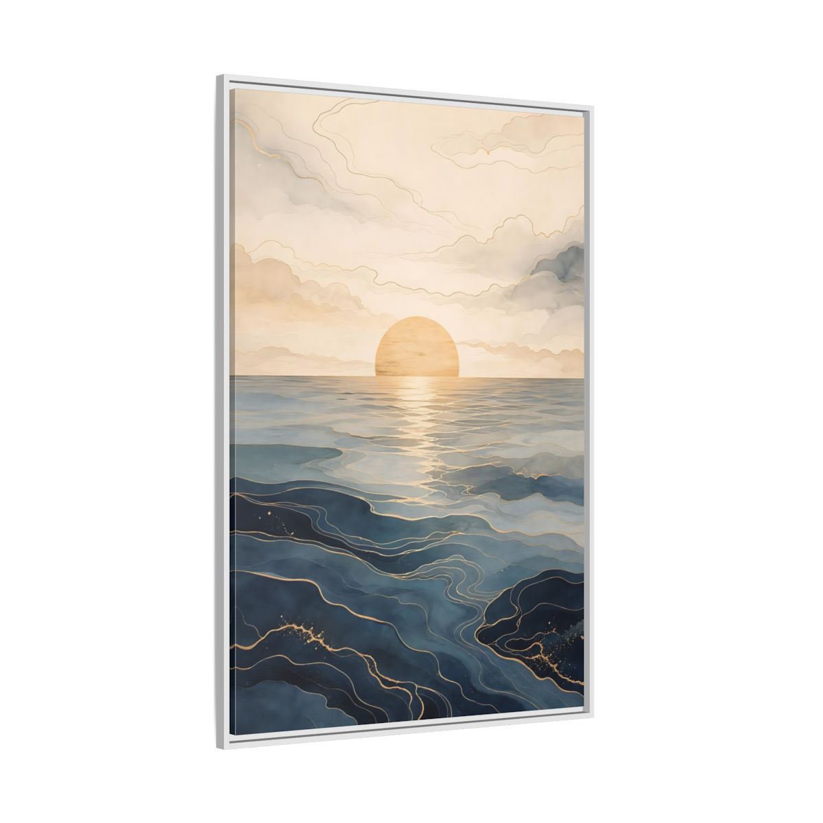 Side Mockup 7. Nature Ocean Sunset Blue And Gold shown as stretched canvas wall art