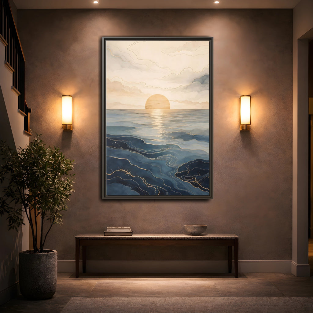 Mockup 2. Nature Ocean Sunset Blue And Gold shown as stretched canvas wall art