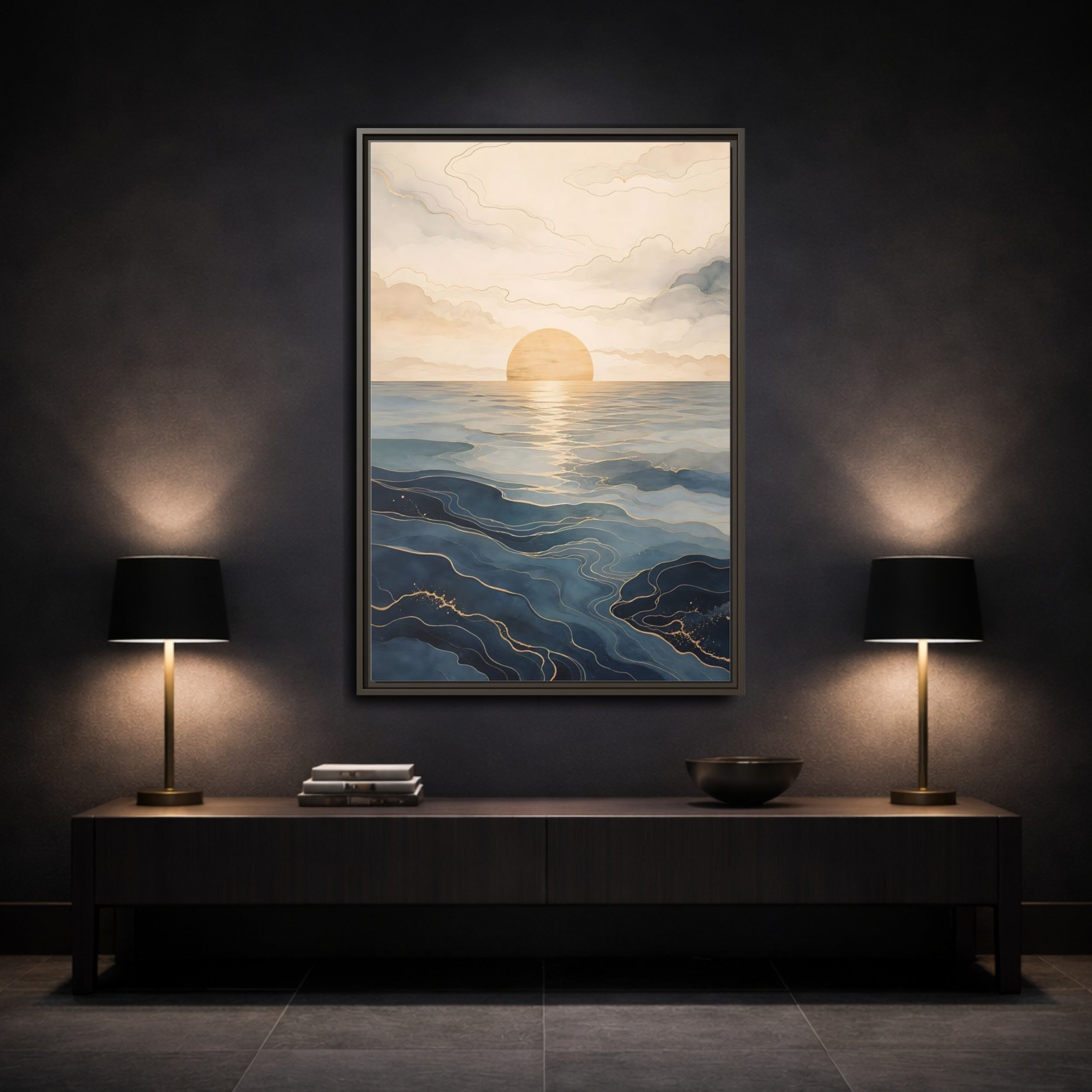 Mockup 3. Nature Ocean Sunset Blue And Gold shown as stretched canvas wall art