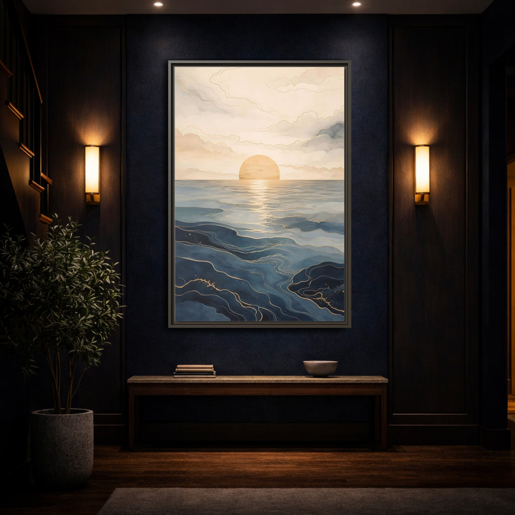 Mockup 4. Nature Ocean Sunset Blue And Gold shown as stretched canvas wall art