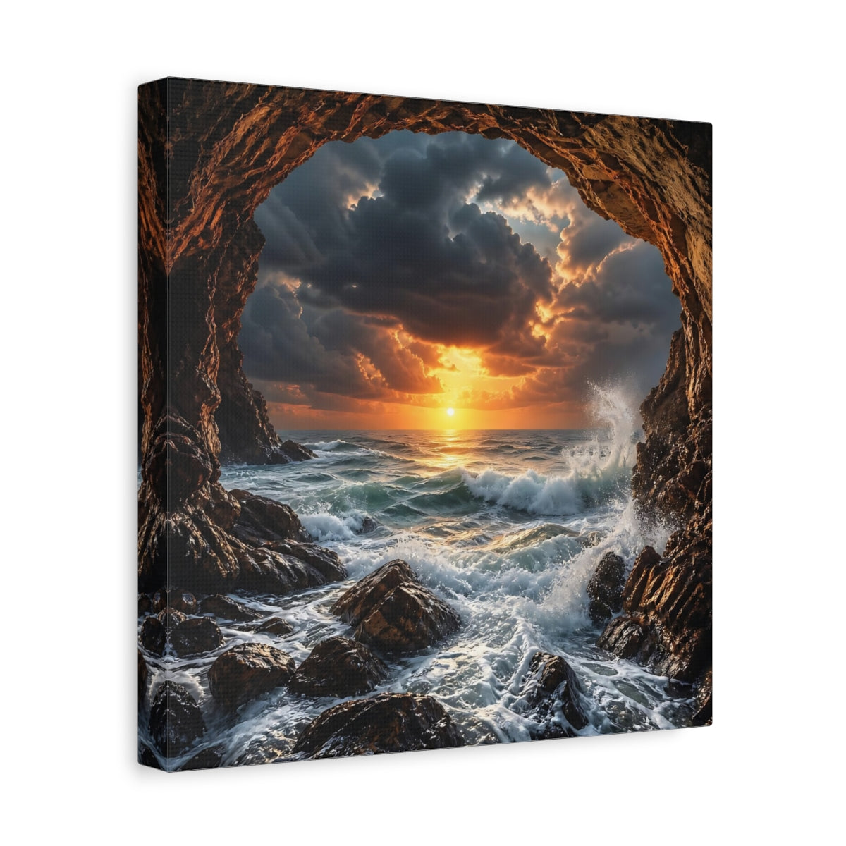 Side Mockup 8. Nature Ocean Sunset Dramatic Ocean Sunset shown as stretched canvas wall art