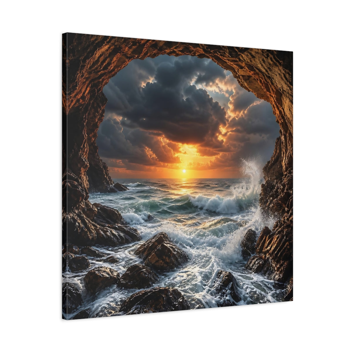Side Mockup 3. Nature Ocean Sunset Dramatic Ocean Sunset shown as stretched canvas wall art
