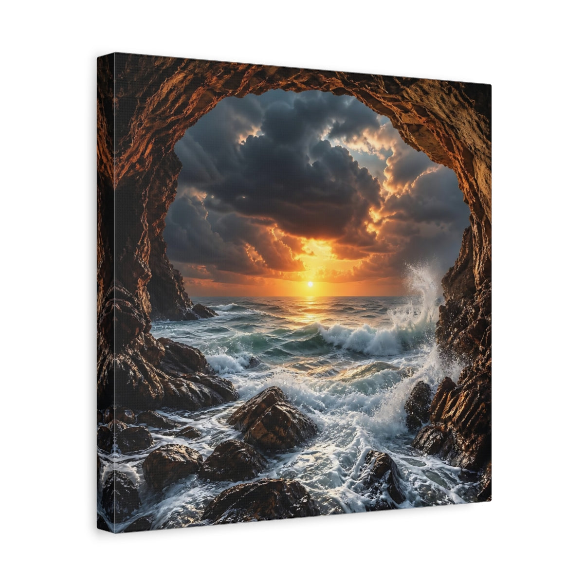 Side Mockup 7. Nature Ocean Sunset Dramatic Ocean Sunset shown as stretched canvas wall art