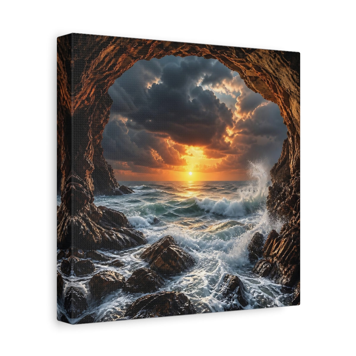 Side Mockup 9. Nature Ocean Sunset Dramatic Ocean Sunset shown as stretched canvas wall art