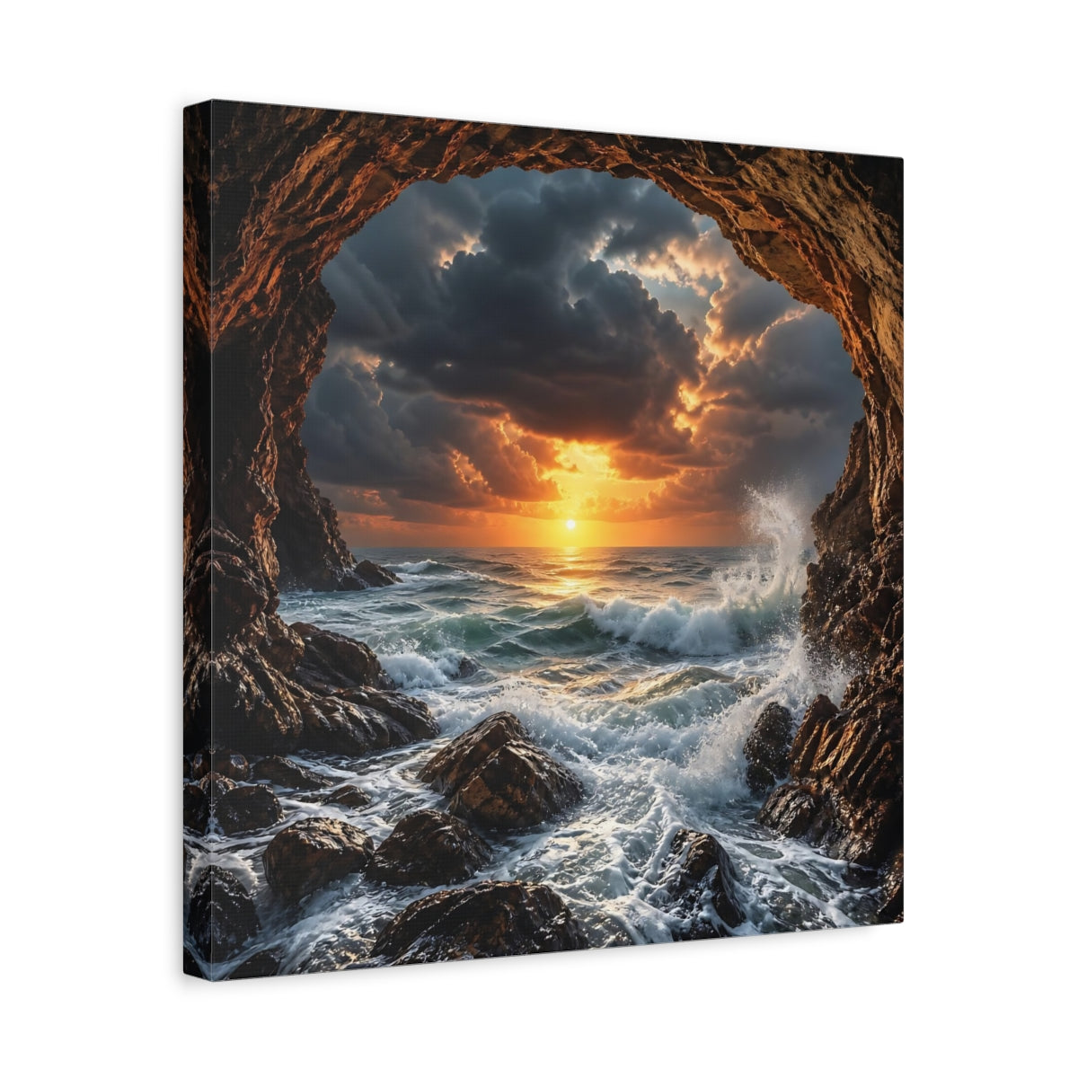 Side Mockup 6. Nature Ocean Sunset Dramatic Ocean Sunset shown as stretched canvas wall art