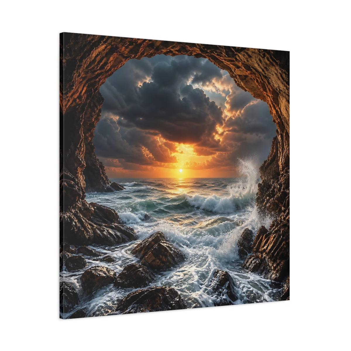 Side Mockup 1. Nature Ocean Sunset Dramatic Ocean Sunset shown as stretched canvas wall art