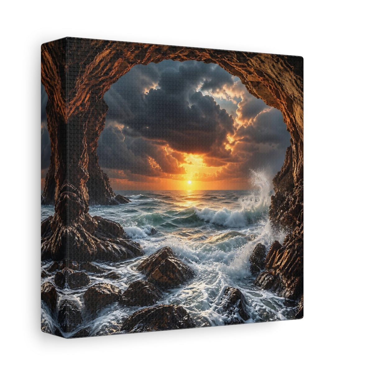 Side Mockup 2. Nature Ocean Sunset Dramatic Ocean Sunset shown as stretched canvas wall art