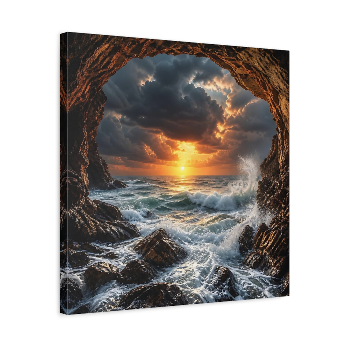 Side Mockup 5. Nature Ocean Sunset Dramatic Ocean Sunset shown as stretched canvas wall art