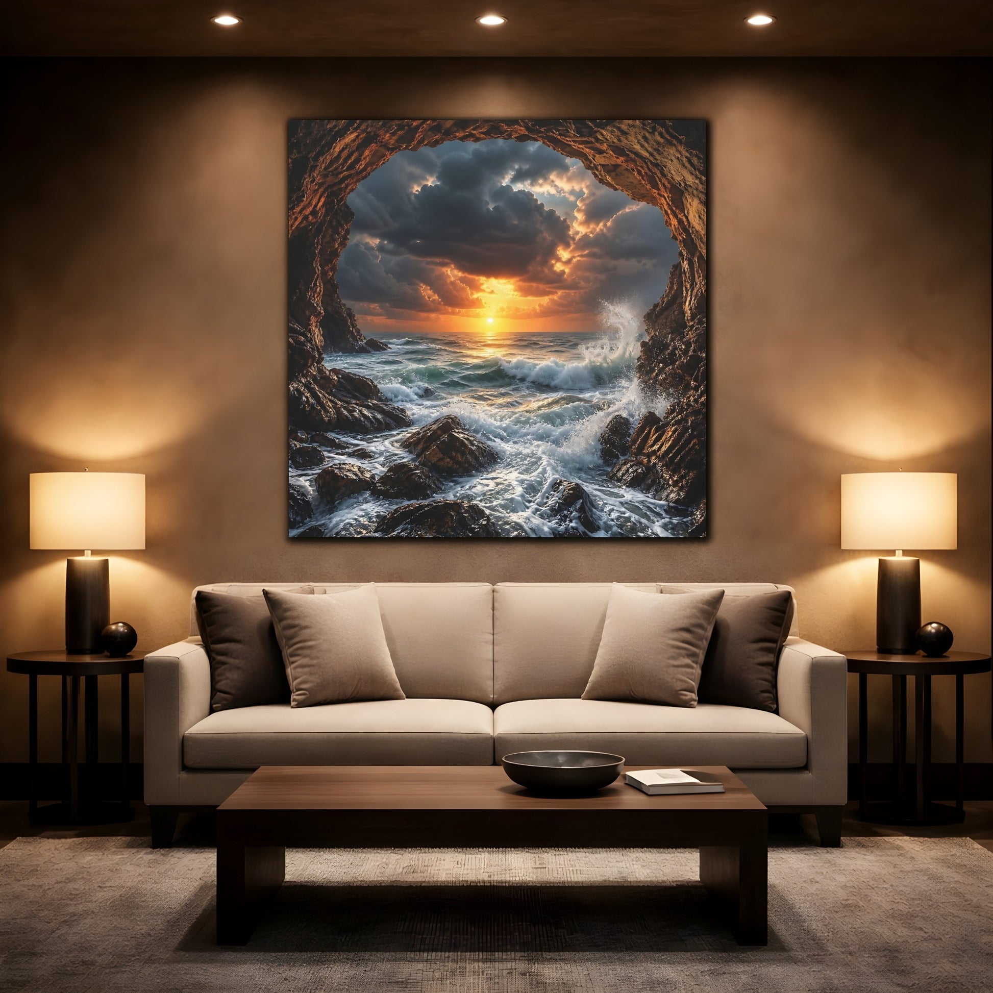 Mockup 2. Nature Ocean Sunset Dramatic Ocean Sunset shown as stretched canvas wall art