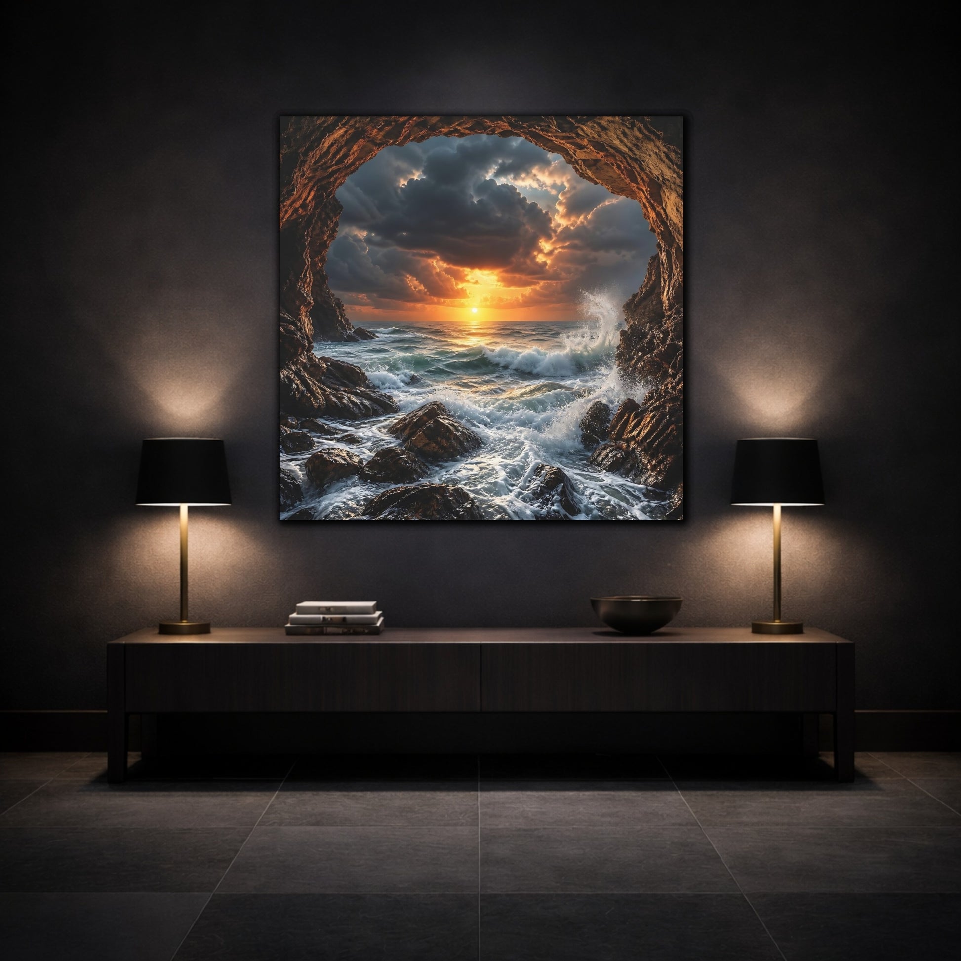 Mockup 3. Nature Ocean Sunset Dramatic Ocean Sunset shown as stretched canvas wall art