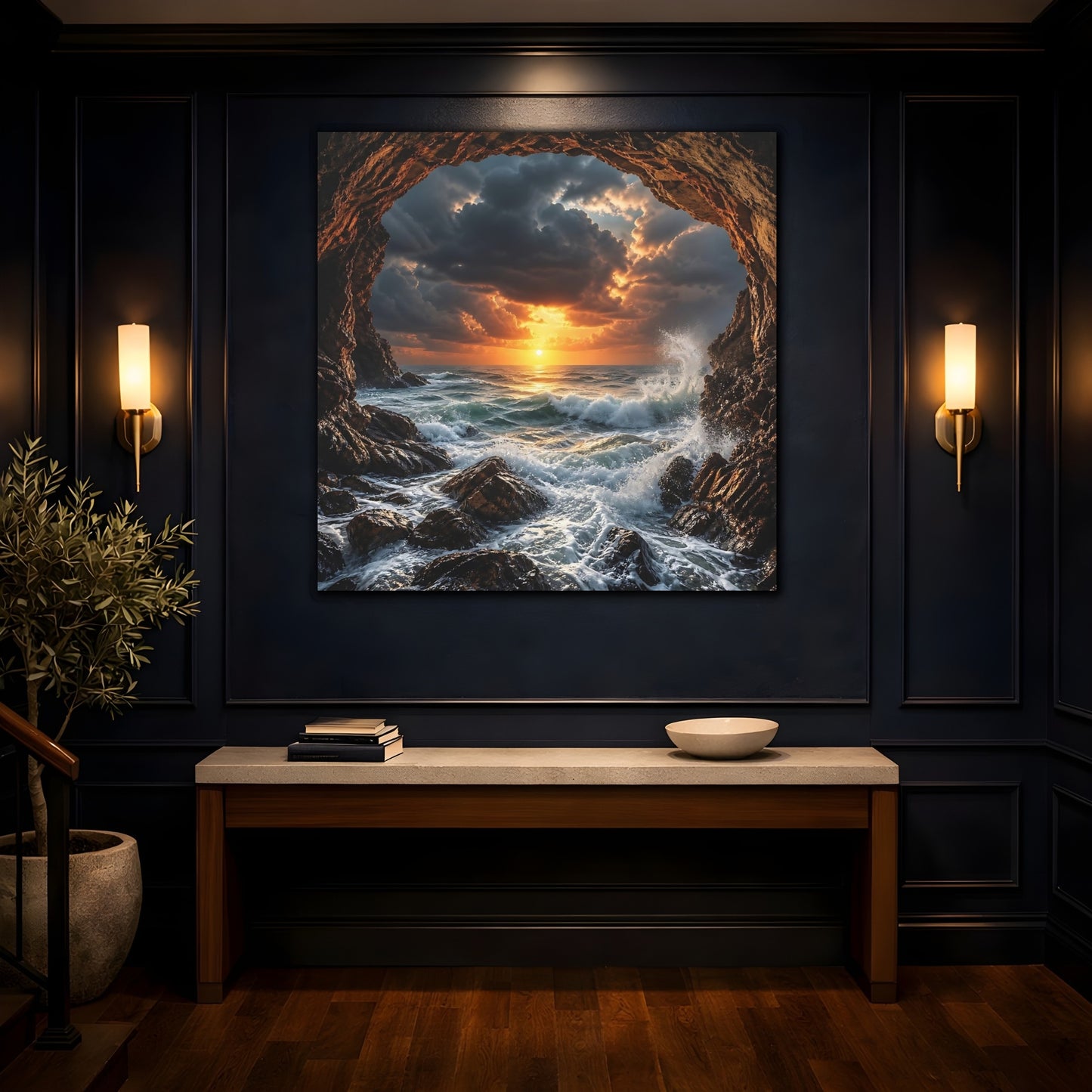 Mockup 4. Nature Ocean Sunset Dramatic Ocean Sunset shown as stretched canvas wall art