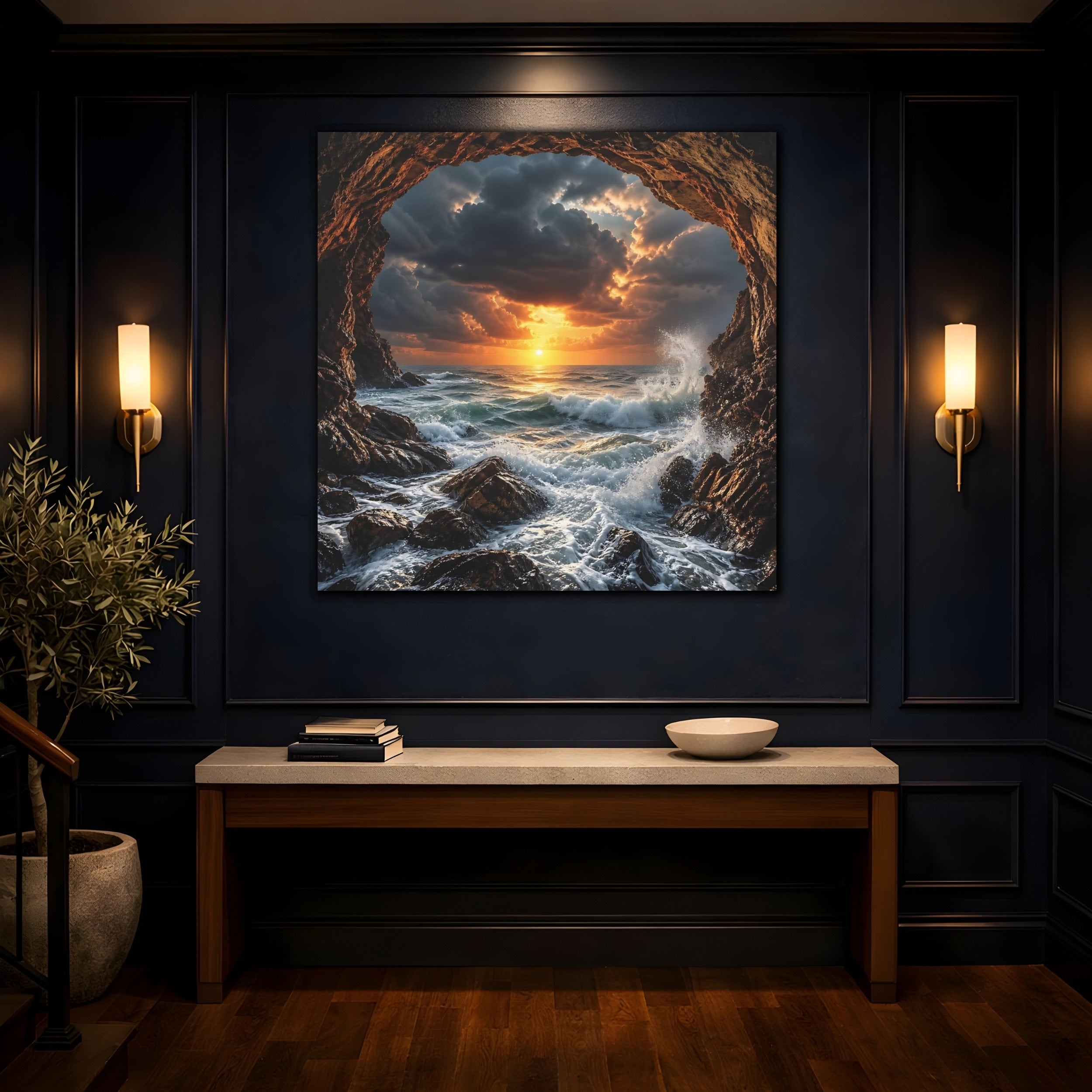 Mockup 4. Nature Ocean Sunset Dramatic Ocean Sunset shown as stretched canvas wall art