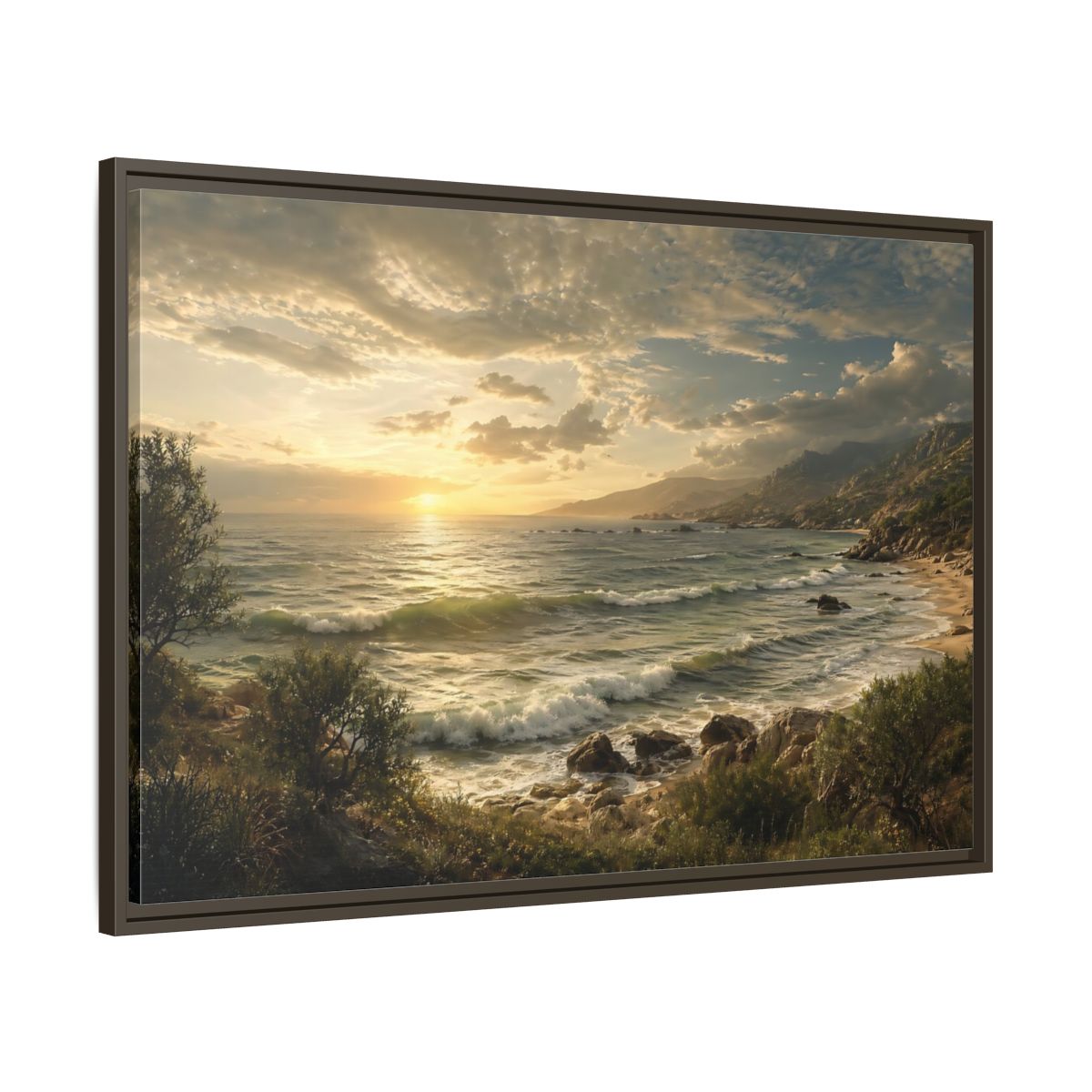 Main Mockup. Nature Ocean Sunset Golden Ocean View shown as stretched canvas wall art