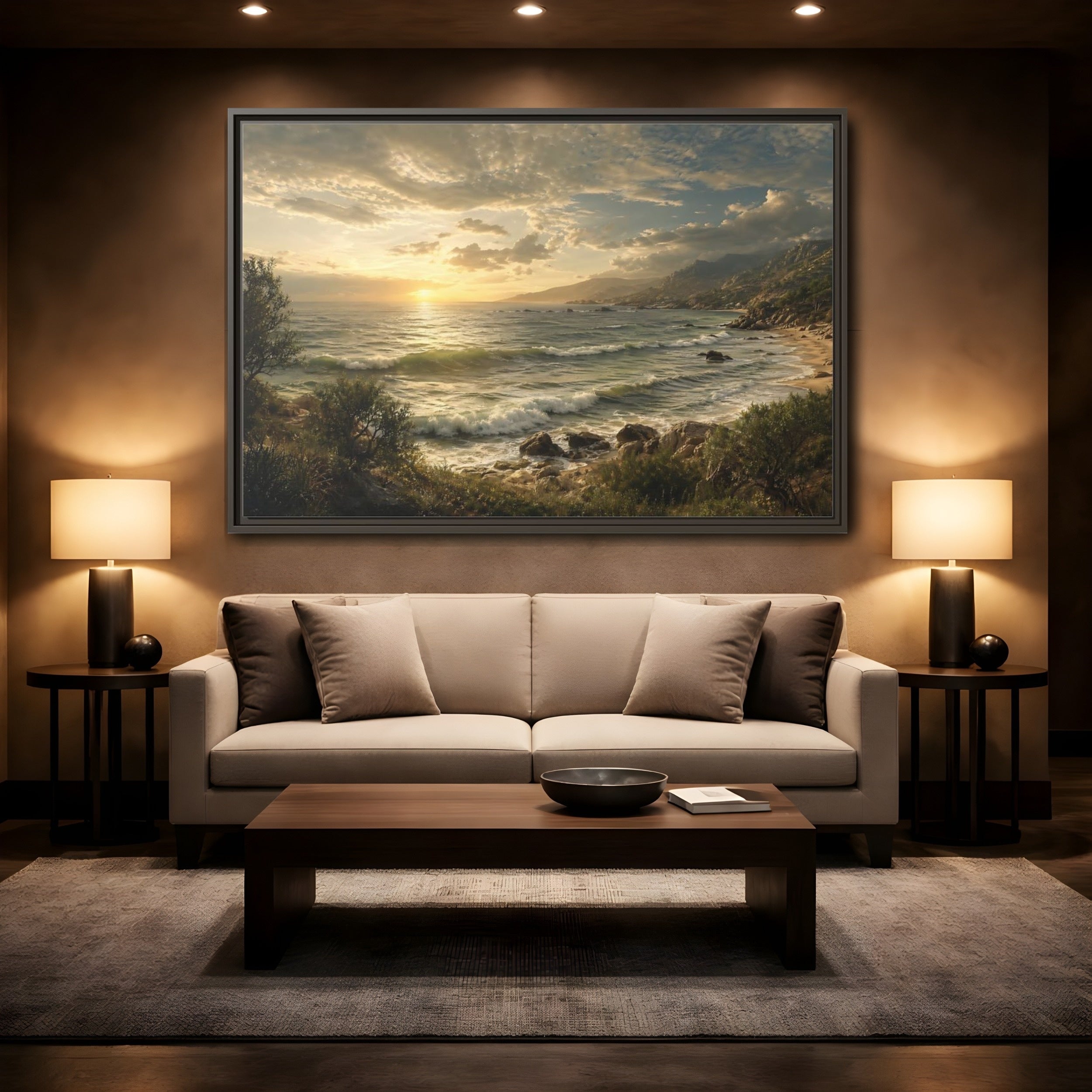 Mockup 2. Nature Ocean Sunset Golden Ocean View shown as stretched canvas wall art