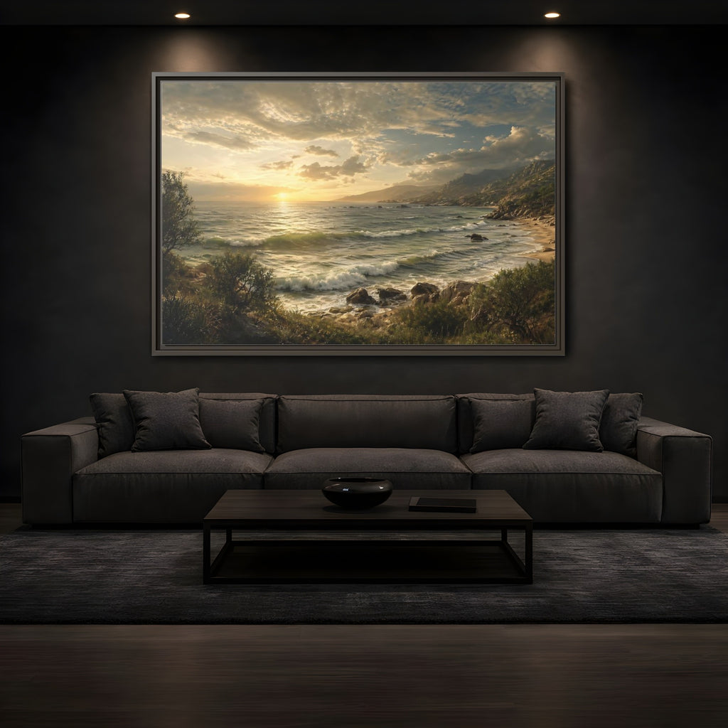 Mockup 3. Nature Ocean Sunset Golden Ocean View shown as stretched canvas wall art