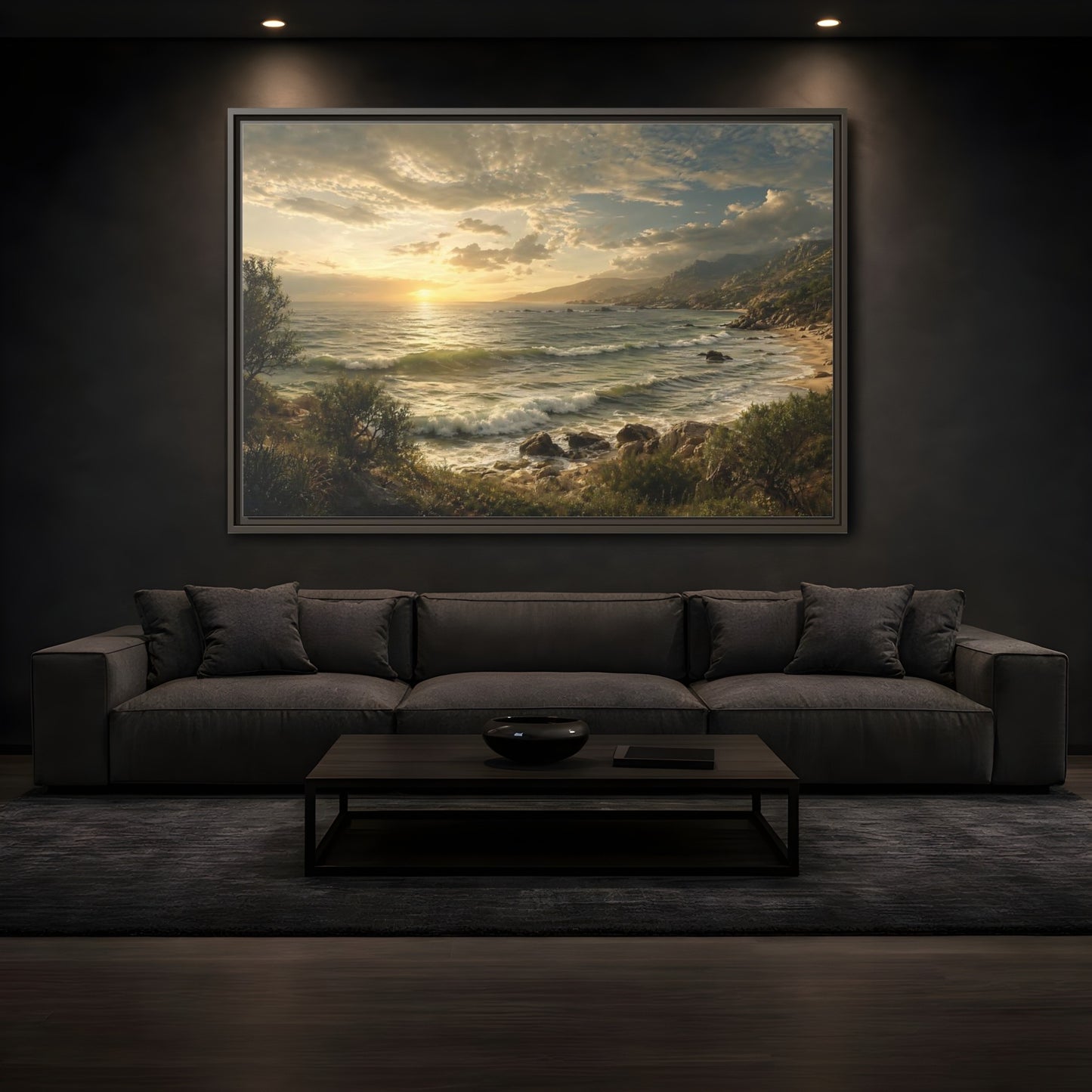 Mockup 3. Nature Ocean Sunset Golden Ocean View shown as stretched canvas wall art