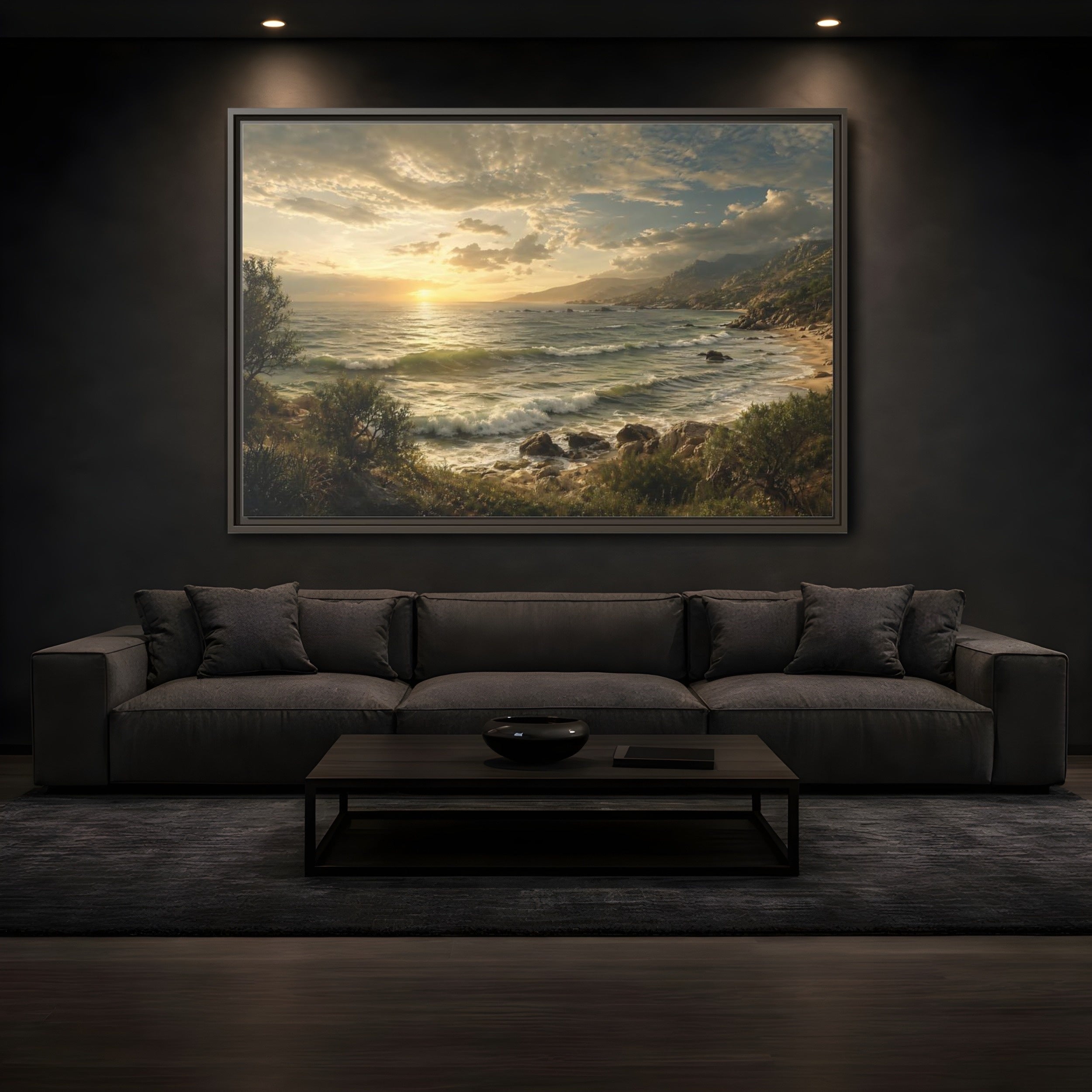 Mockup 3. Nature Ocean Sunset Golden Ocean View shown as stretched canvas wall art