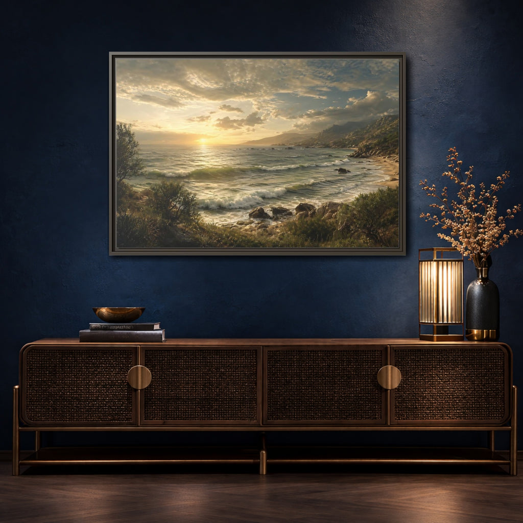 Mockup 4. Nature Ocean Sunset Golden Ocean View shown as stretched canvas wall art