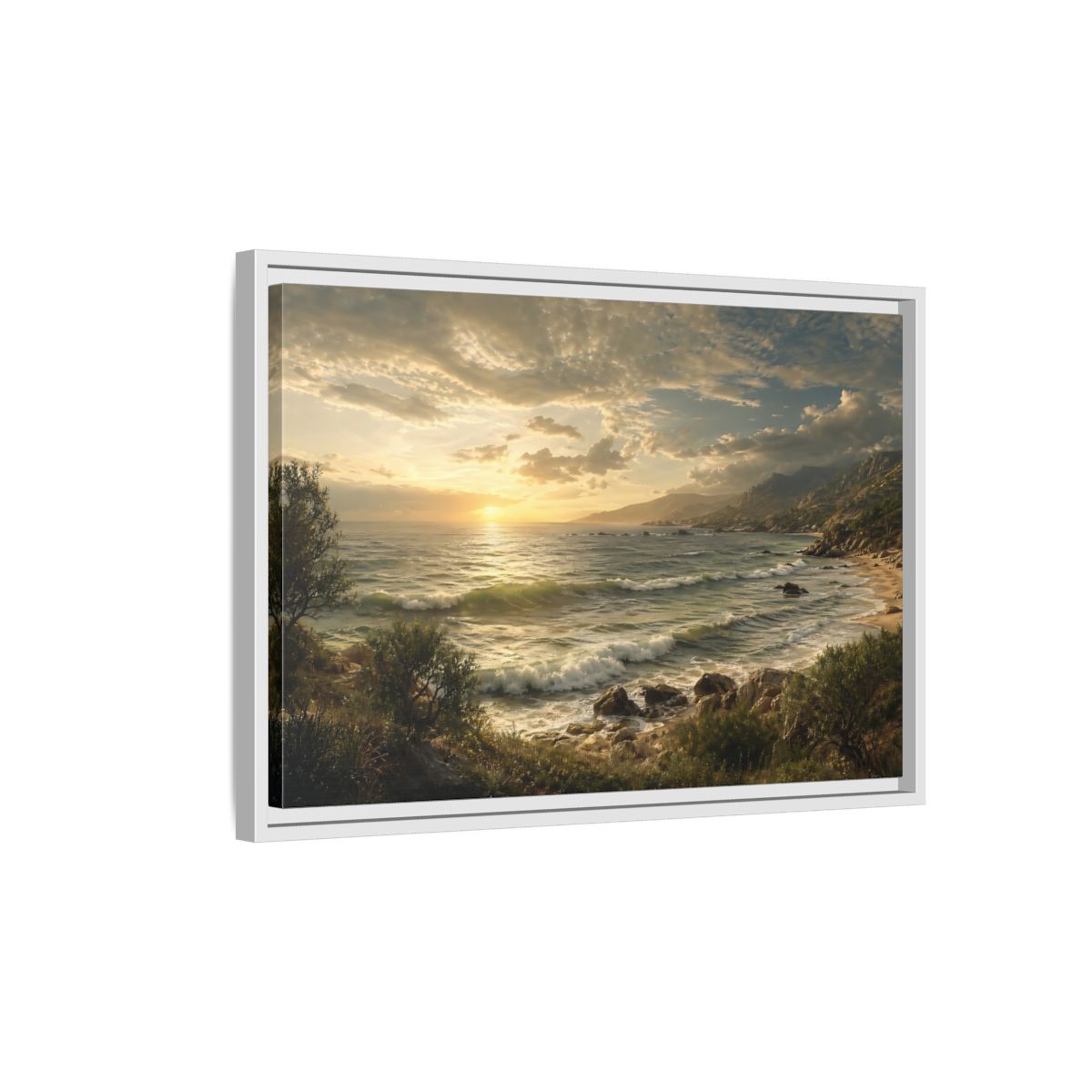 Side Mockup 1. Nature Ocean Sunset Golden Ocean View shown as stretched canvas wall art