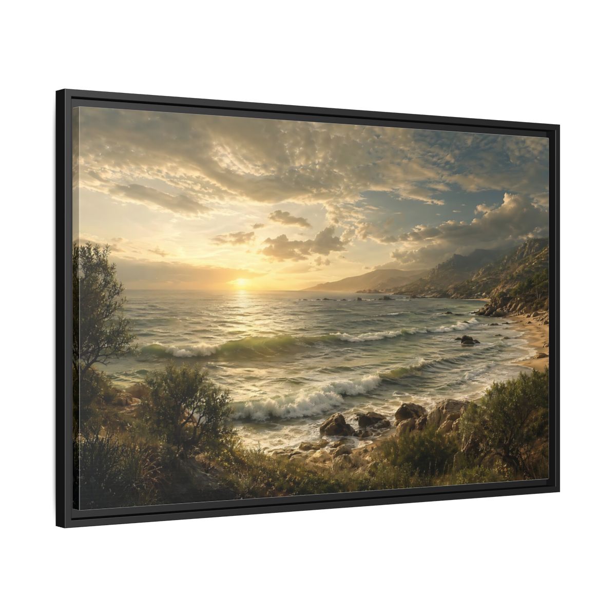 Side Mockup 13. Nature Ocean Sunset Golden Ocean View shown as stretched canvas wall art