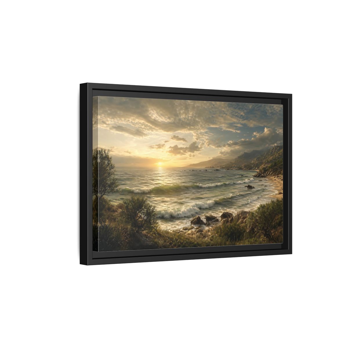 Side Mockup 6. Nature Ocean Sunset Golden Ocean View shown as stretched canvas wall art