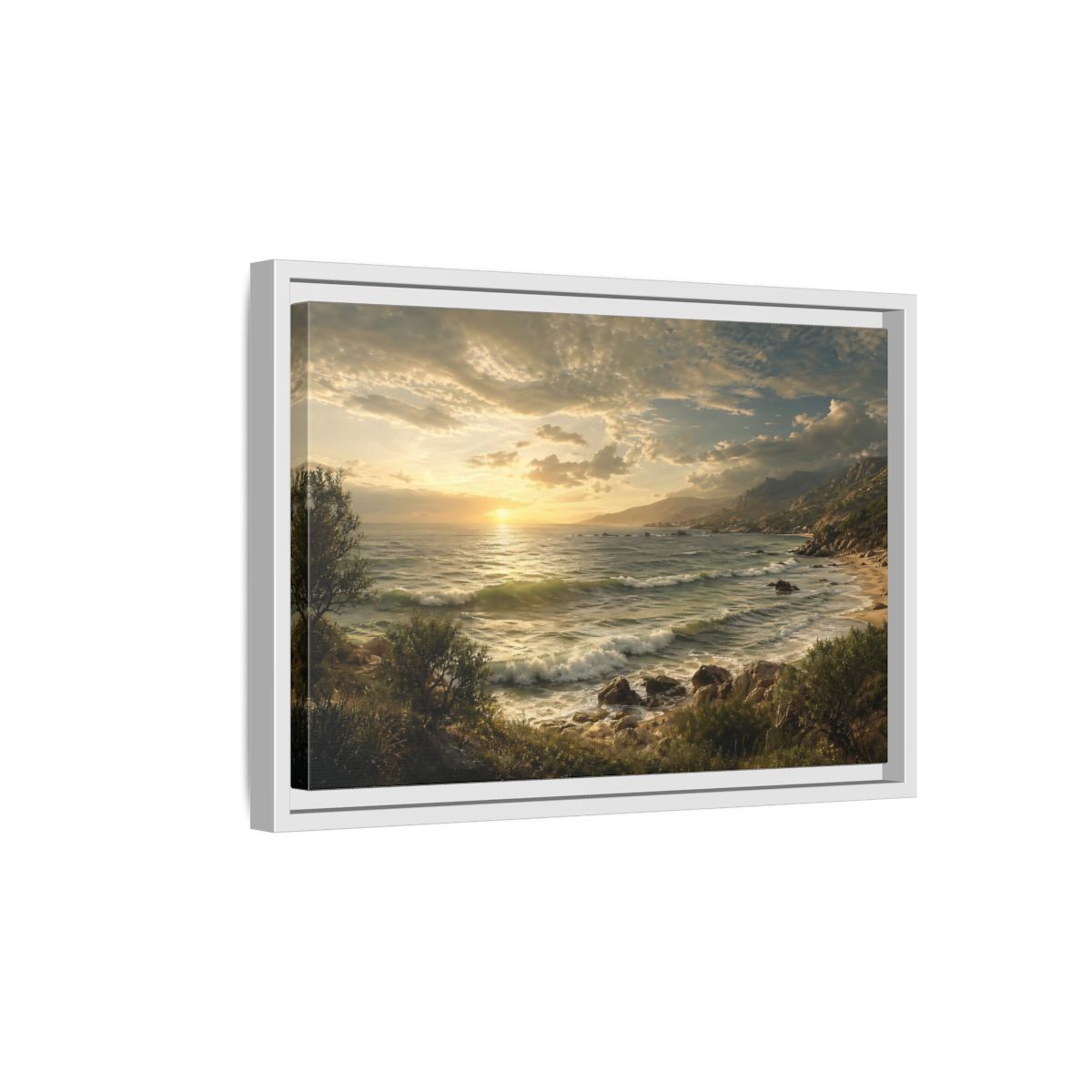 Side Mockup 4. Nature Ocean Sunset Golden Ocean View shown as stretched canvas wall art
