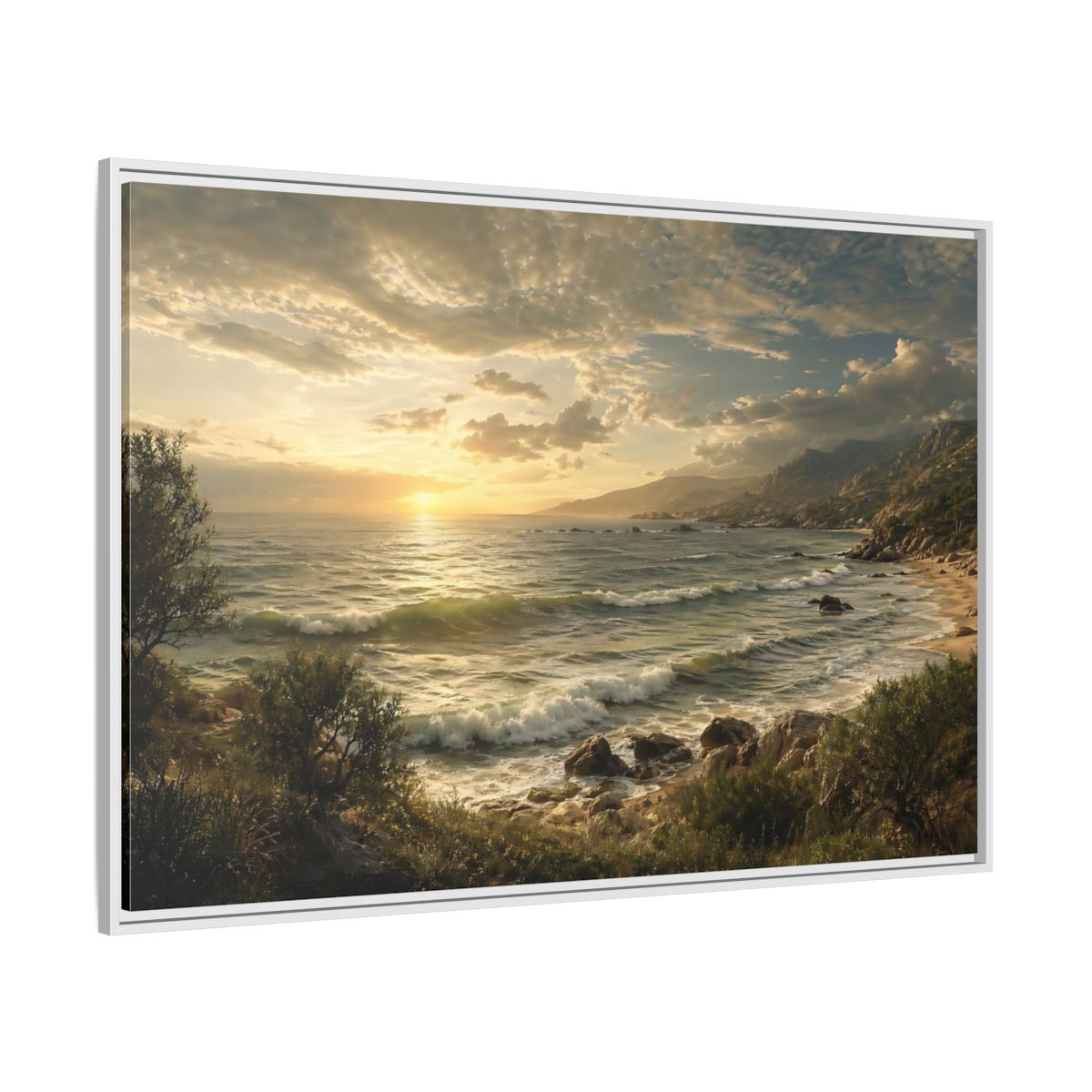 Side Mockup 7. Nature Ocean Sunset Golden Ocean View shown as stretched canvas wall art