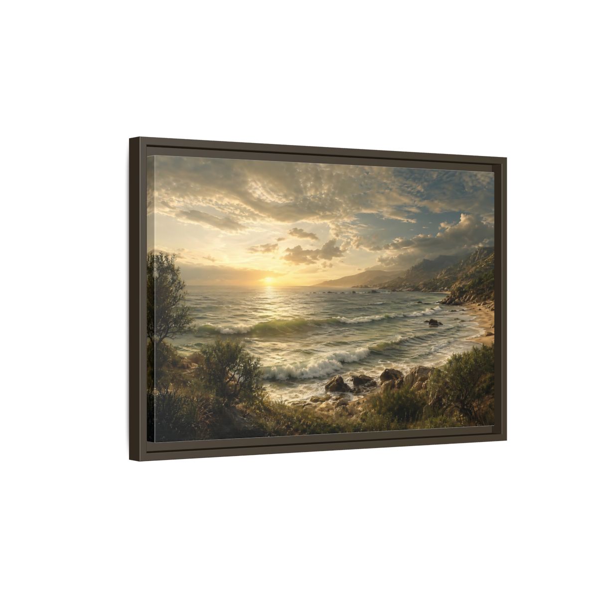 Side Mockup 2. Nature Ocean Sunset Golden Ocean View shown as stretched canvas wall art