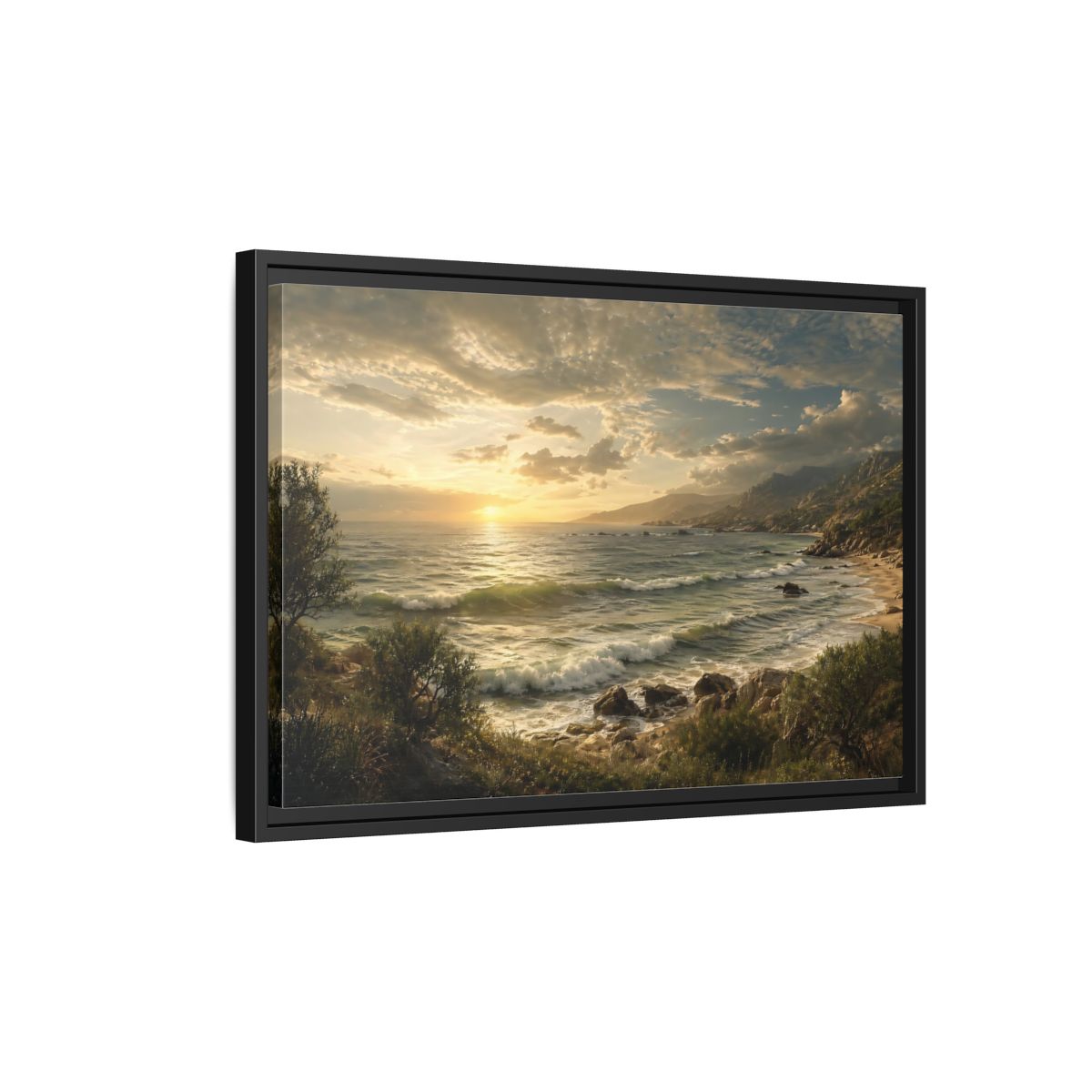 Side Mockup 3. Nature Ocean Sunset Golden Ocean View shown as stretched canvas wall art