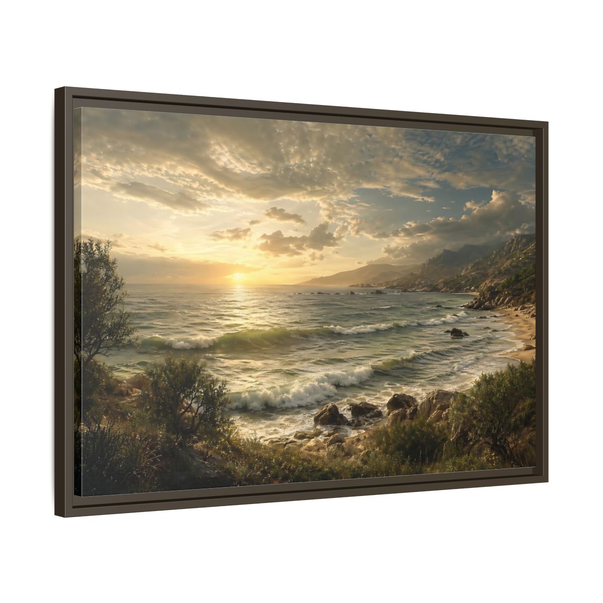 Side Mockup 11. Nature Ocean Sunset Golden Ocean View shown as stretched canvas wall art