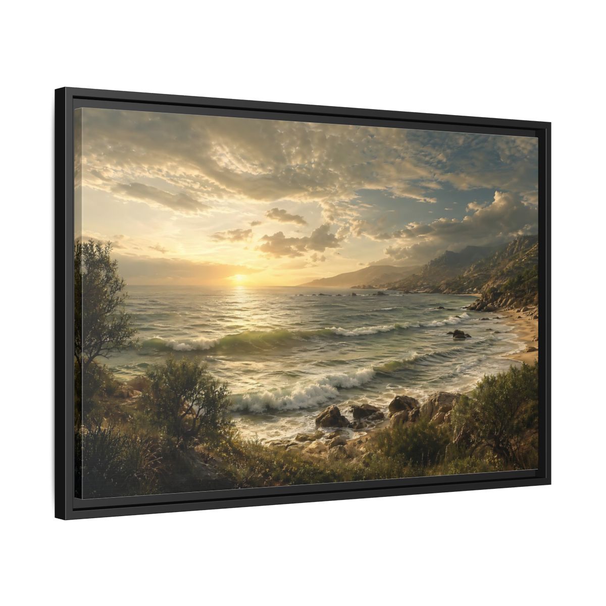 Side Mockup 14. Nature Ocean Sunset Golden Ocean View shown as stretched canvas wall art