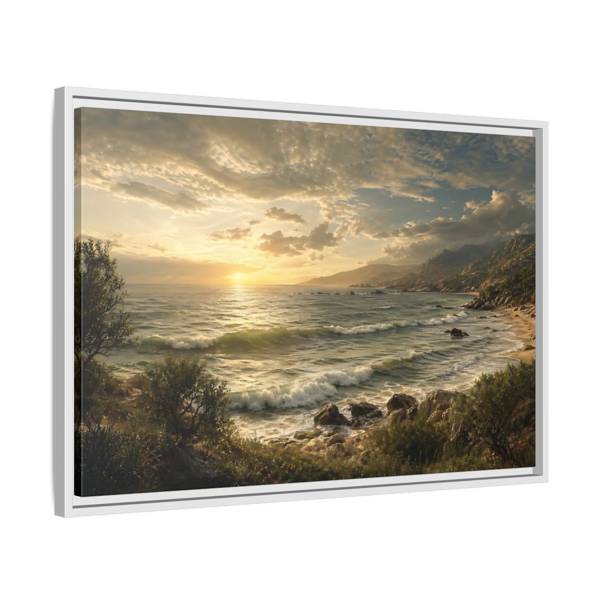 Side Mockup 10. Nature Ocean Sunset Golden Ocean View shown as stretched canvas wall art