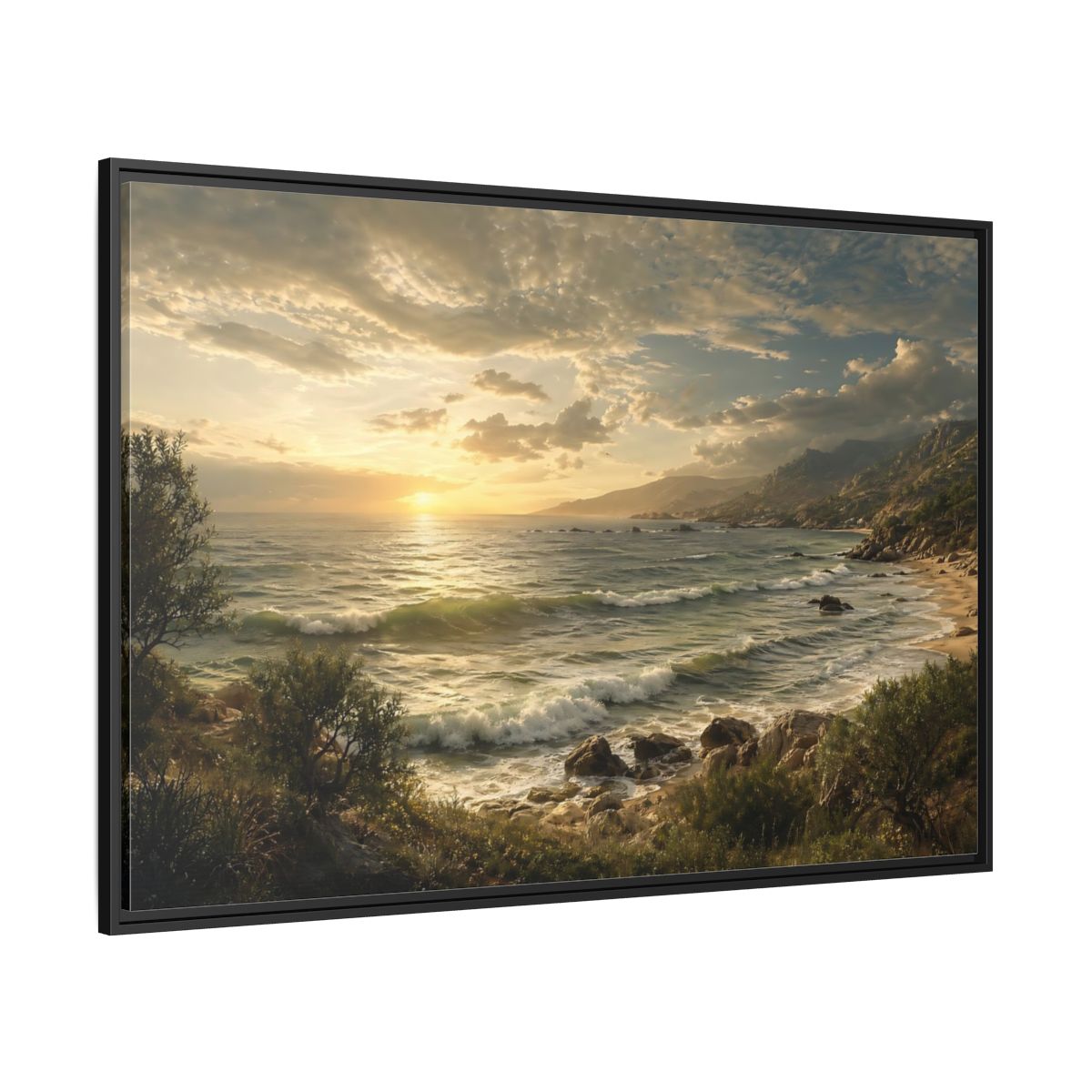Side Mockup 12. Nature Ocean Sunset Golden Ocean View shown as stretched canvas wall art