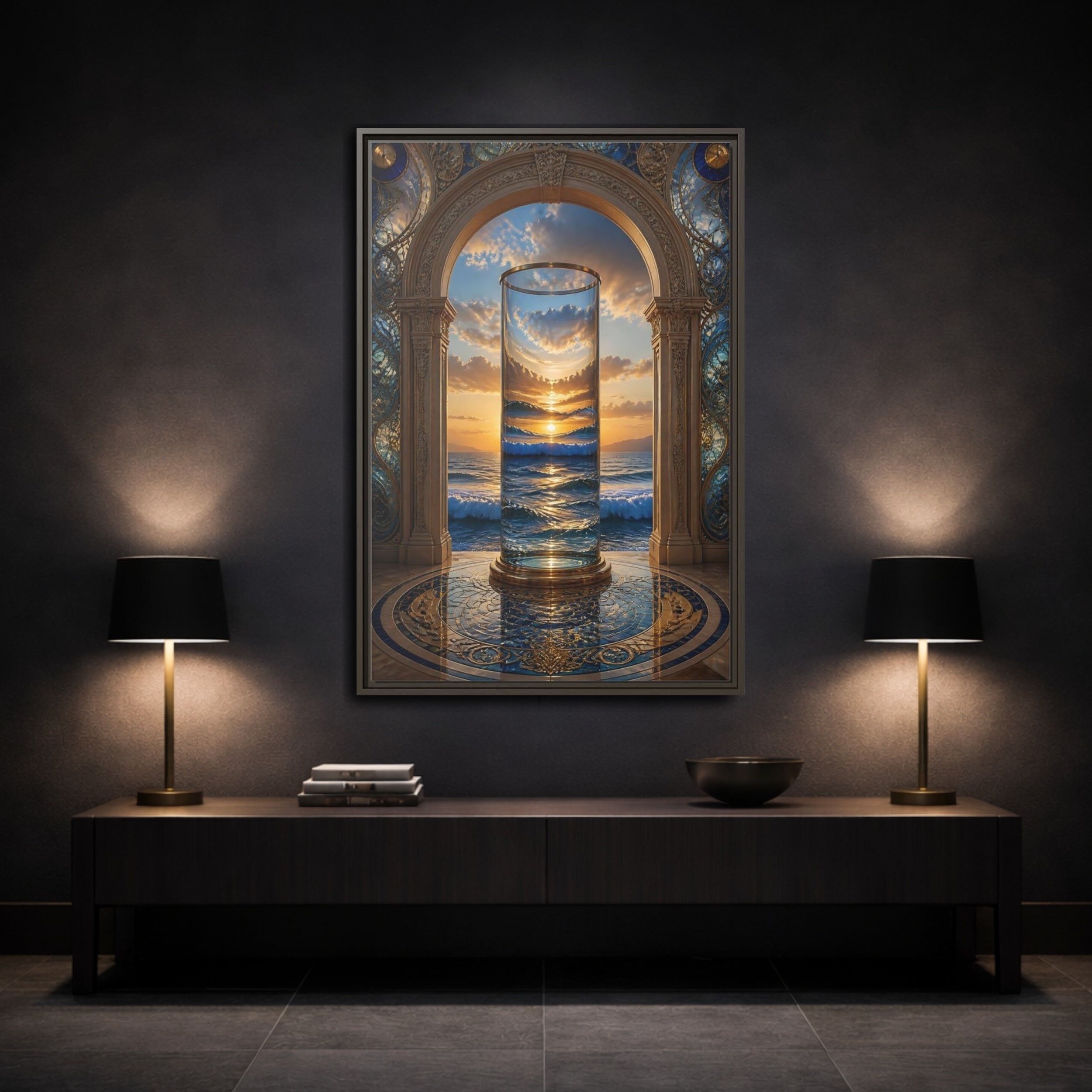 Mockup 3. Nature Ocean Sunset Oceanic Archway shown as stretched canvas wall art