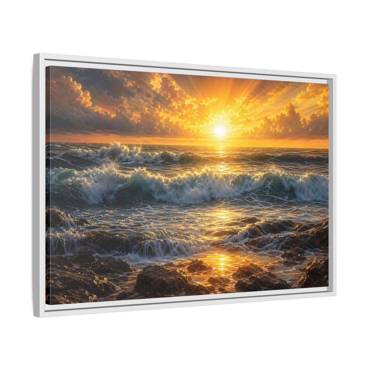 Side Mockup 10. Nature Ocean Sunset Orange And Blue Sunset shown as stretched canvas wall art