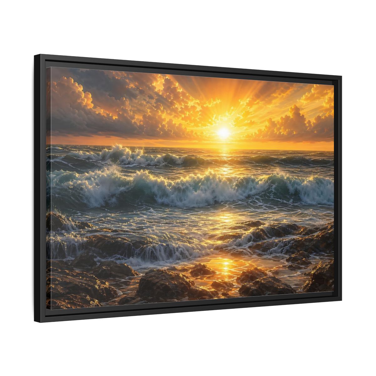 Side Mockup 14. Nature Ocean Sunset Orange And Blue Sunset shown as stretched canvas wall art