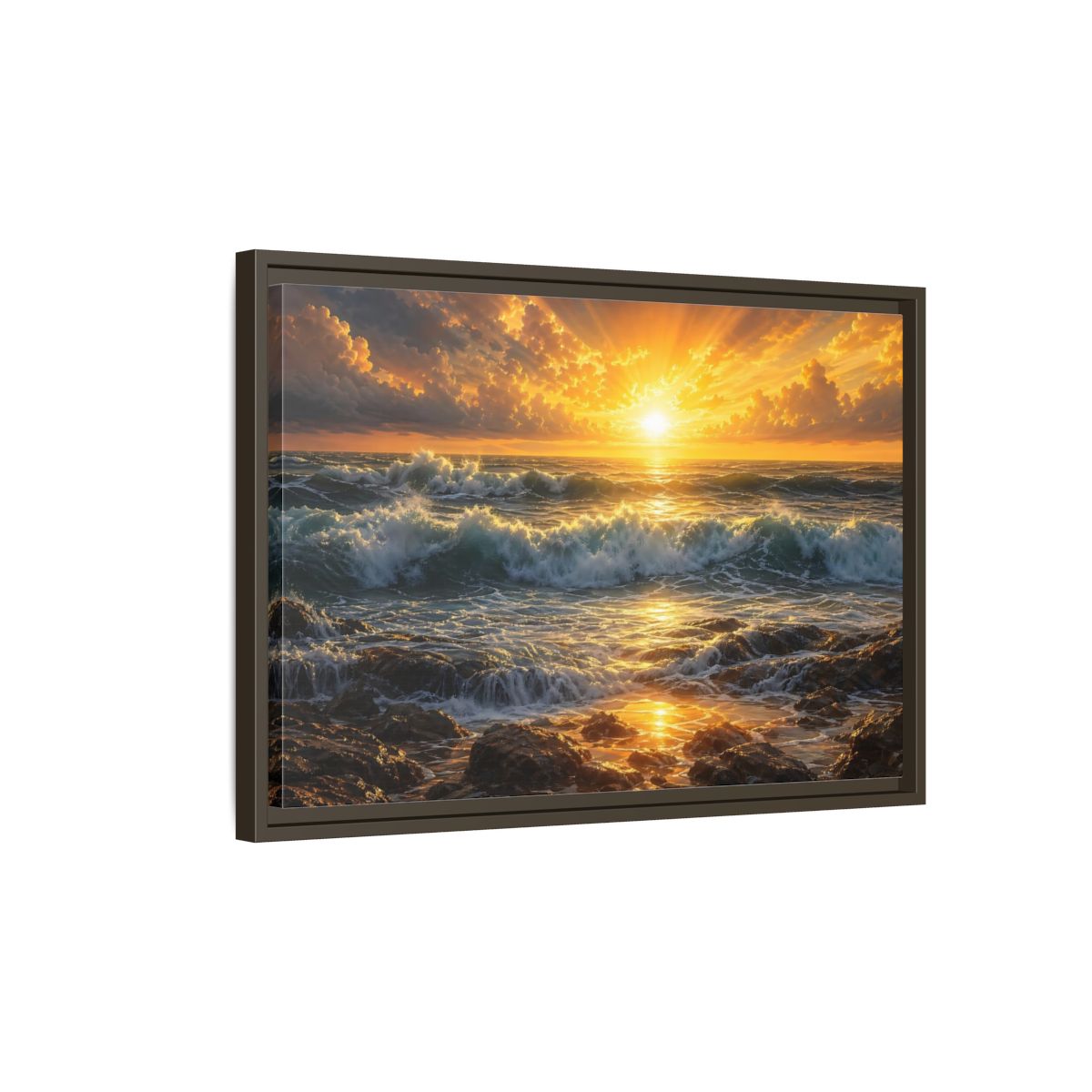 Side Mockup 2. Nature Ocean Sunset Orange And Blue Sunset shown as stretched canvas wall art