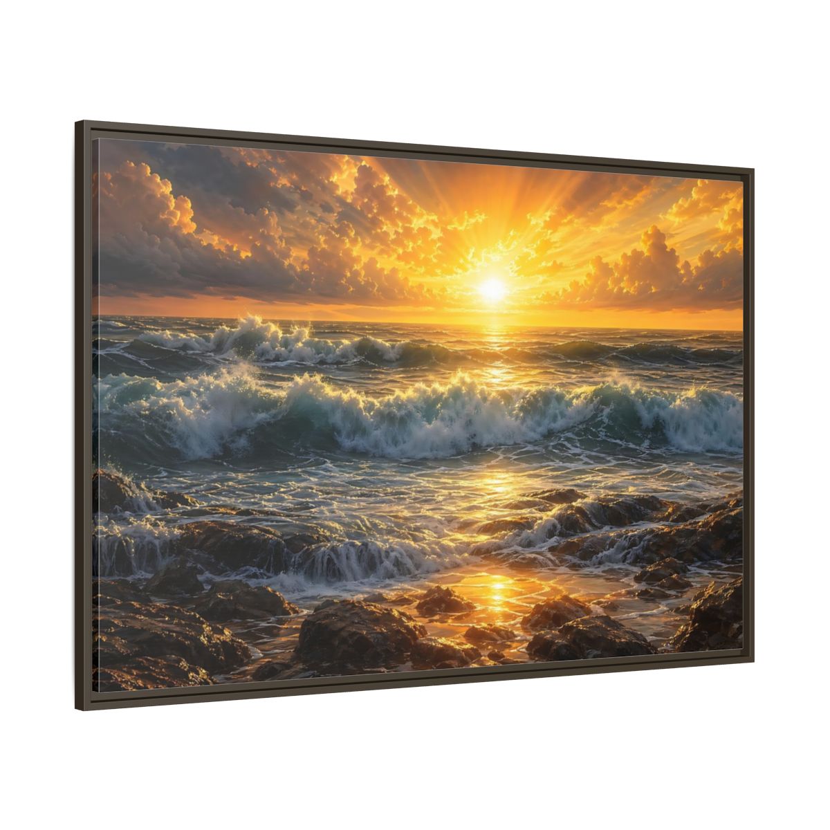 Side Mockup 8. Nature Ocean Sunset Orange And Blue Sunset shown as stretched canvas wall art