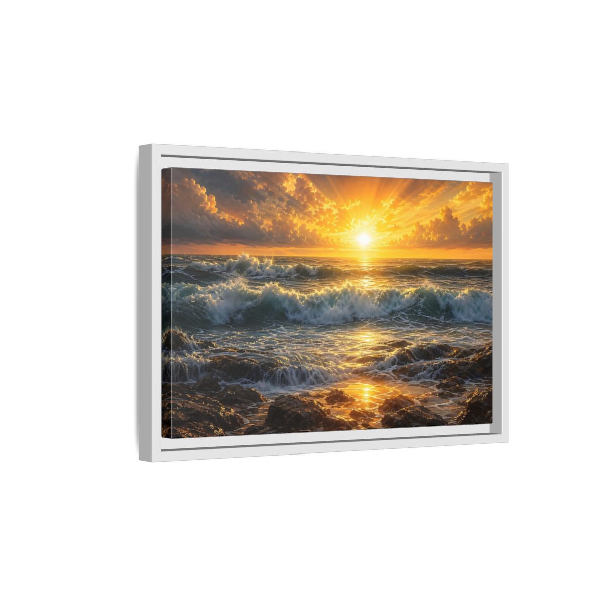 Side Mockup 4. Nature Ocean Sunset Orange And Blue Sunset shown as stretched canvas wall art