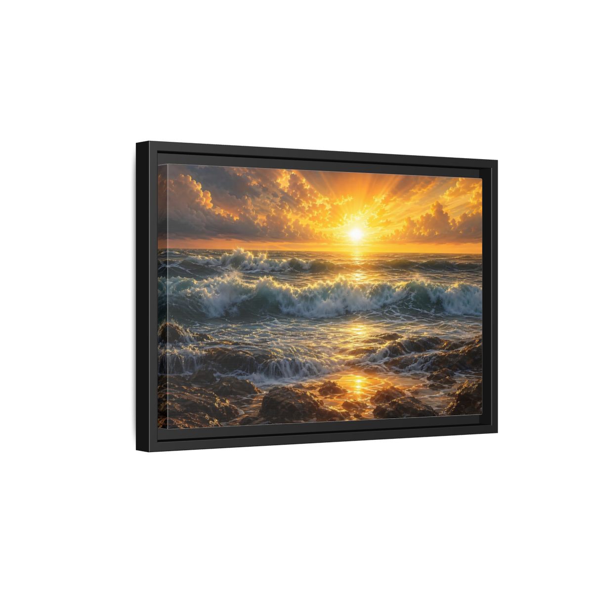 Side Mockup 6. Nature Ocean Sunset Orange And Blue Sunset shown as stretched canvas wall art