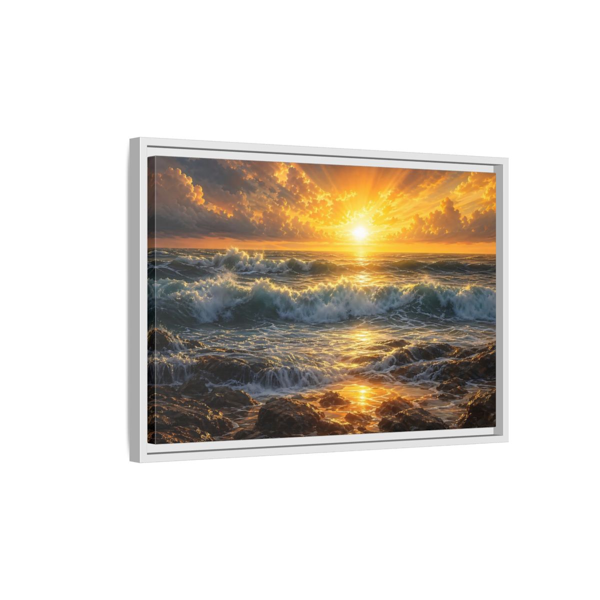 Side Mockup 1. Nature Ocean Sunset Orange And Blue Sunset shown as stretched canvas wall art