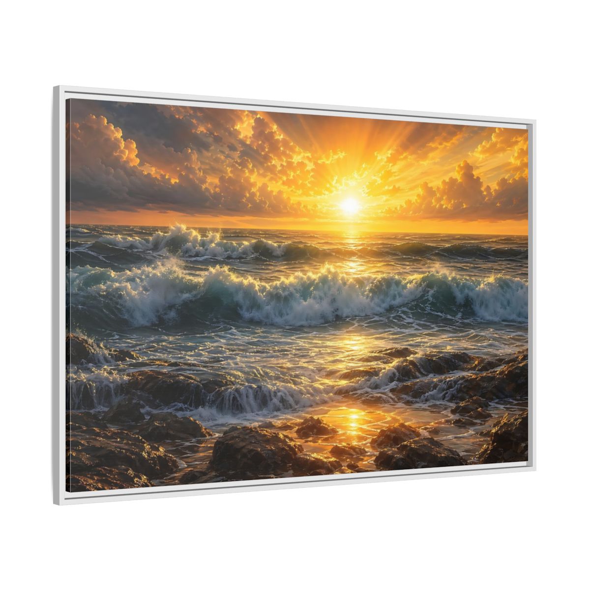 Side Mockup 7. Nature Ocean Sunset Orange And Blue Sunset shown as stretched canvas wall art