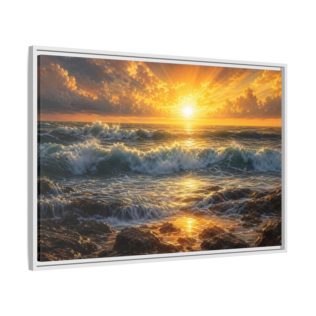 Side Mockup 9. Nature Ocean Sunset Orange And Blue Sunset shown as stretched canvas wall art