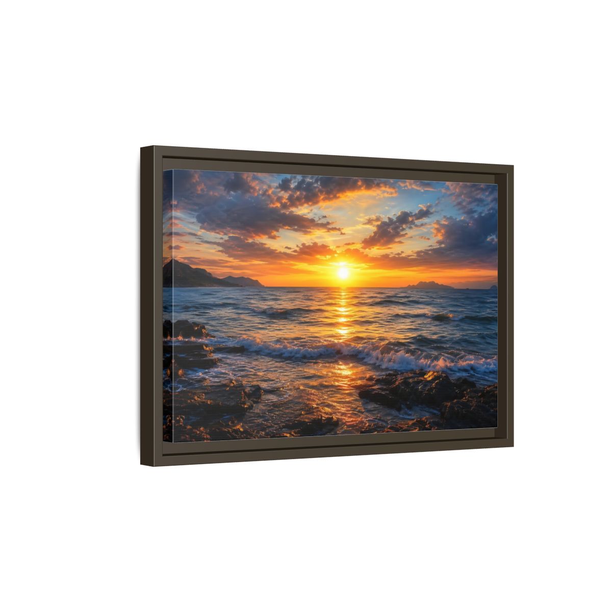 Side Mockup 5. Nature Ocean Sunset Orange And Blue Sunset shown as stretched canvas wall art