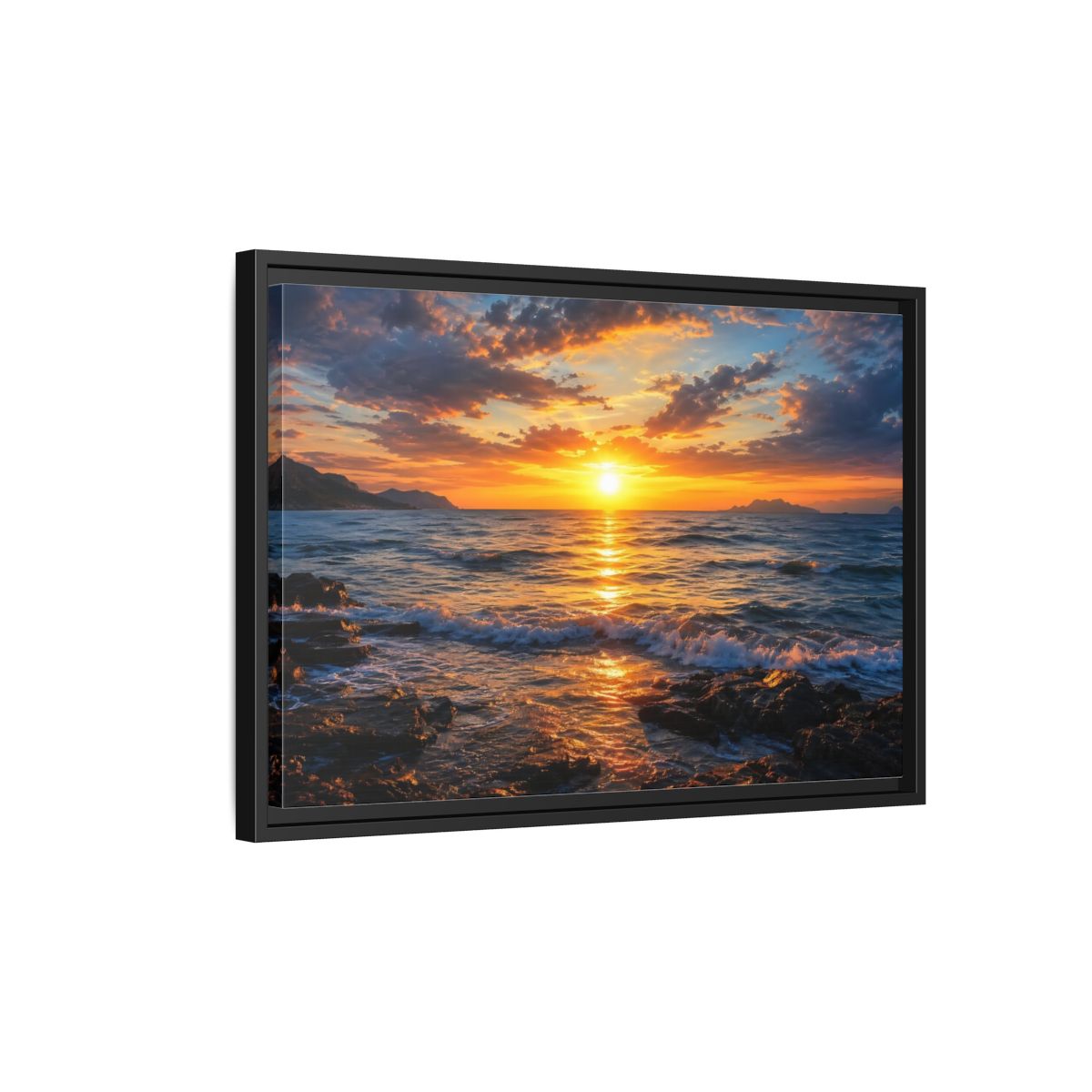 Side Mockup 3. Nature Ocean Sunset Orange And Blue Sunset shown as stretched canvas wall art