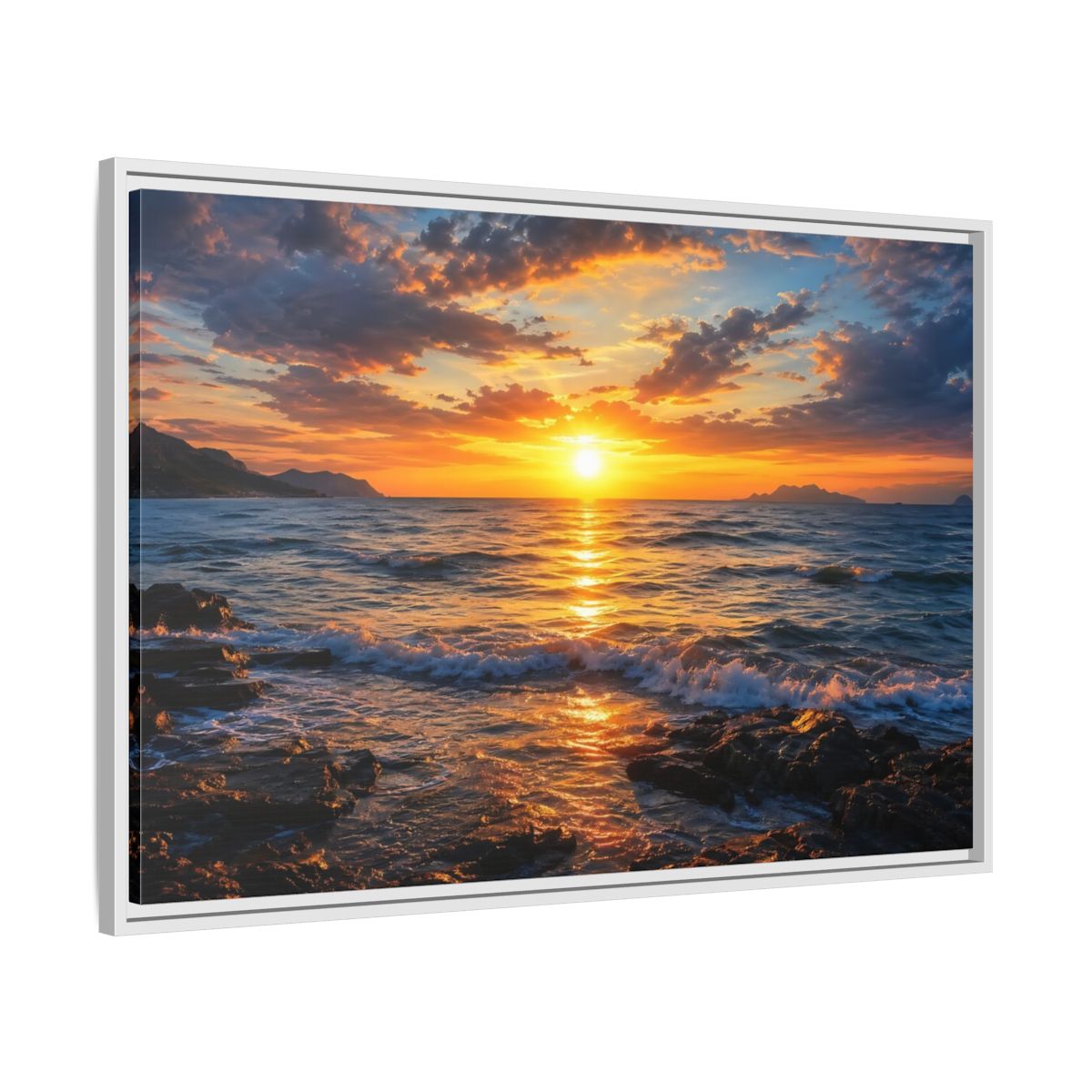 Side Mockup 9. Nature Ocean Sunset Orange And Blue Sunset shown as stretched canvas wall art