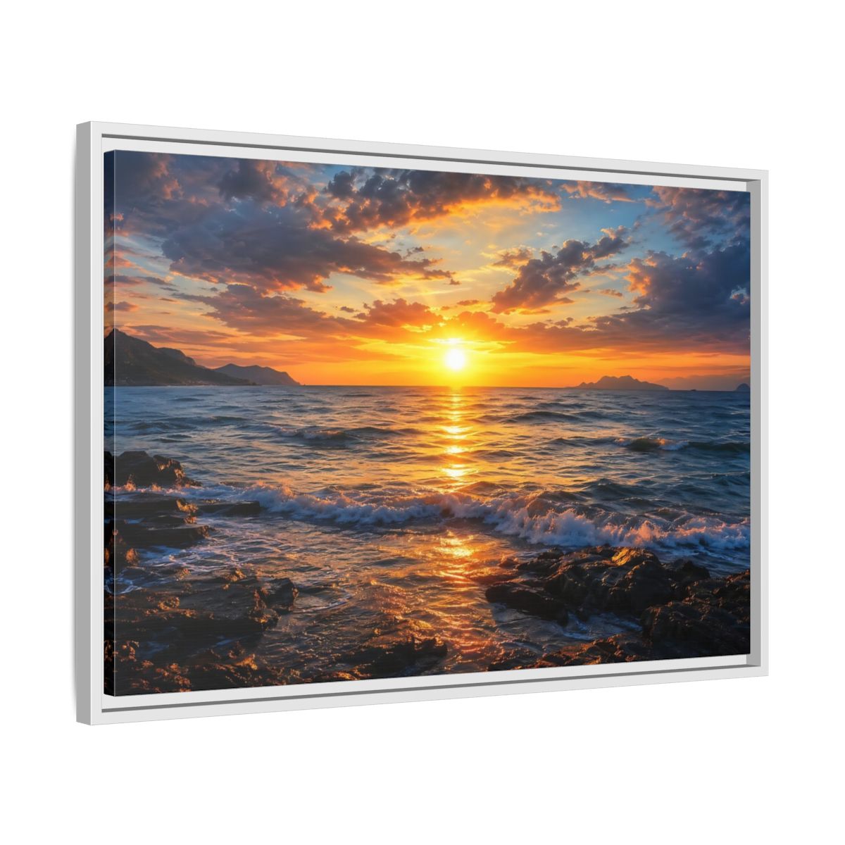 Side Mockup 10. Nature Ocean Sunset Orange And Blue Sunset shown as stretched canvas wall art