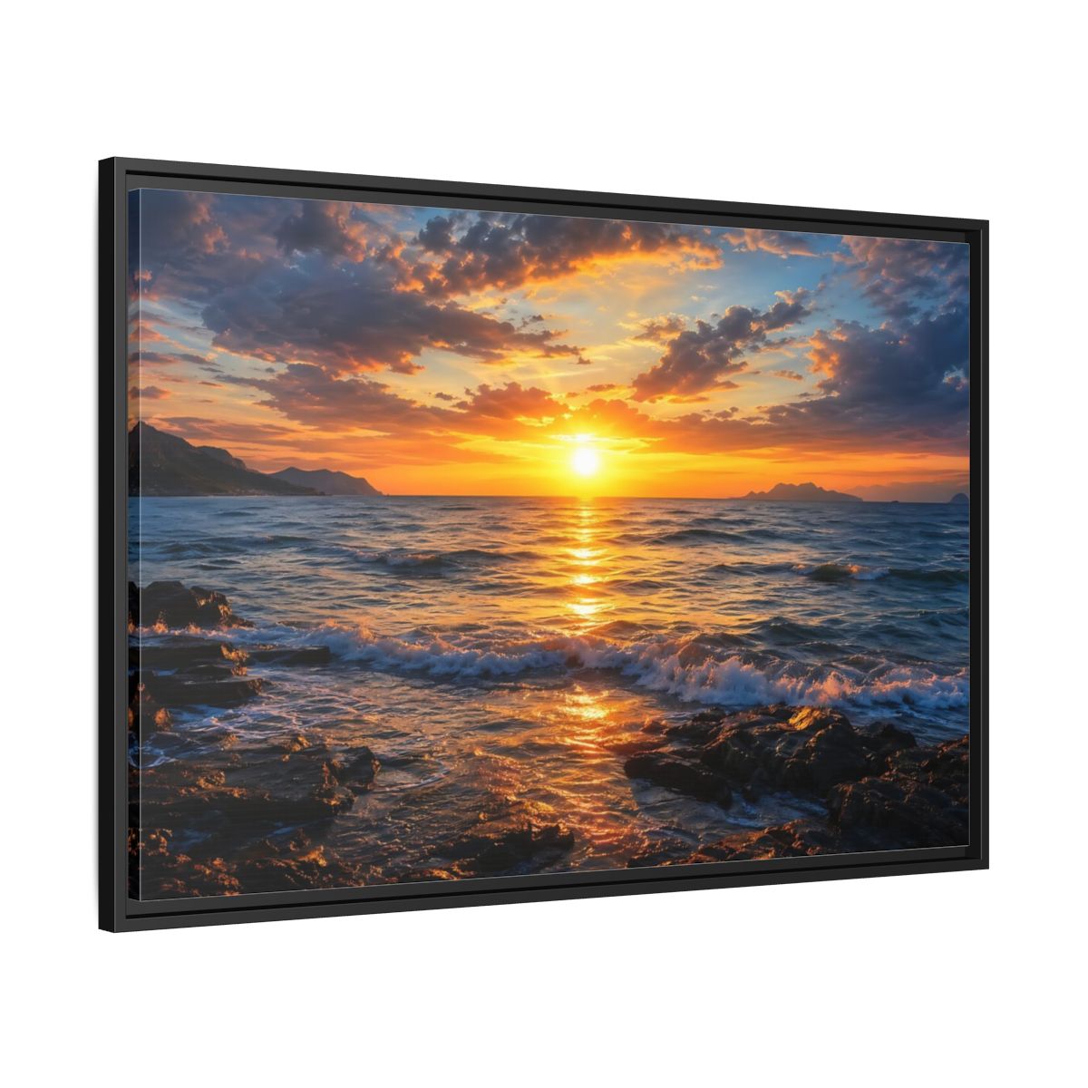 Side Mockup 13. Nature Ocean Sunset Orange And Blue Sunset shown as stretched canvas wall art